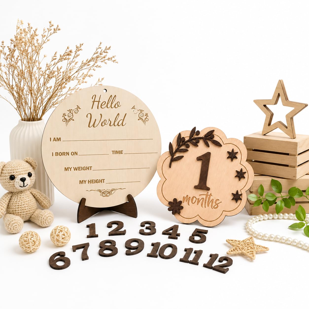 Wooden Baby Milestone Cards Combo Set | Premium MDF Hello World Birth Board with 1-12 Monthly Milestone Numbers | Newborn Baby Photo Props | First Year Photography Keepsake Gift-image-29