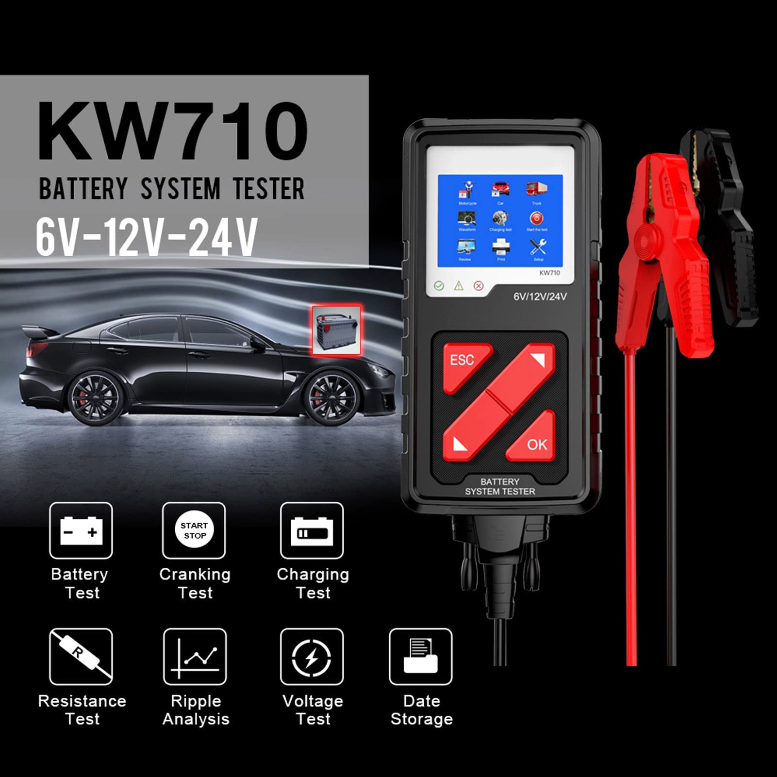 Generic Cyfrowy Tester Systemu Akumulatorów 6 24 V, Duży, Kolorowy Ekran, Uniwersalny do Samochodów Osobowych, Ciężarówek, Motocykli, Tester Akumulatorów 6 V 24 z Przebiegiem Napięcia, Testem