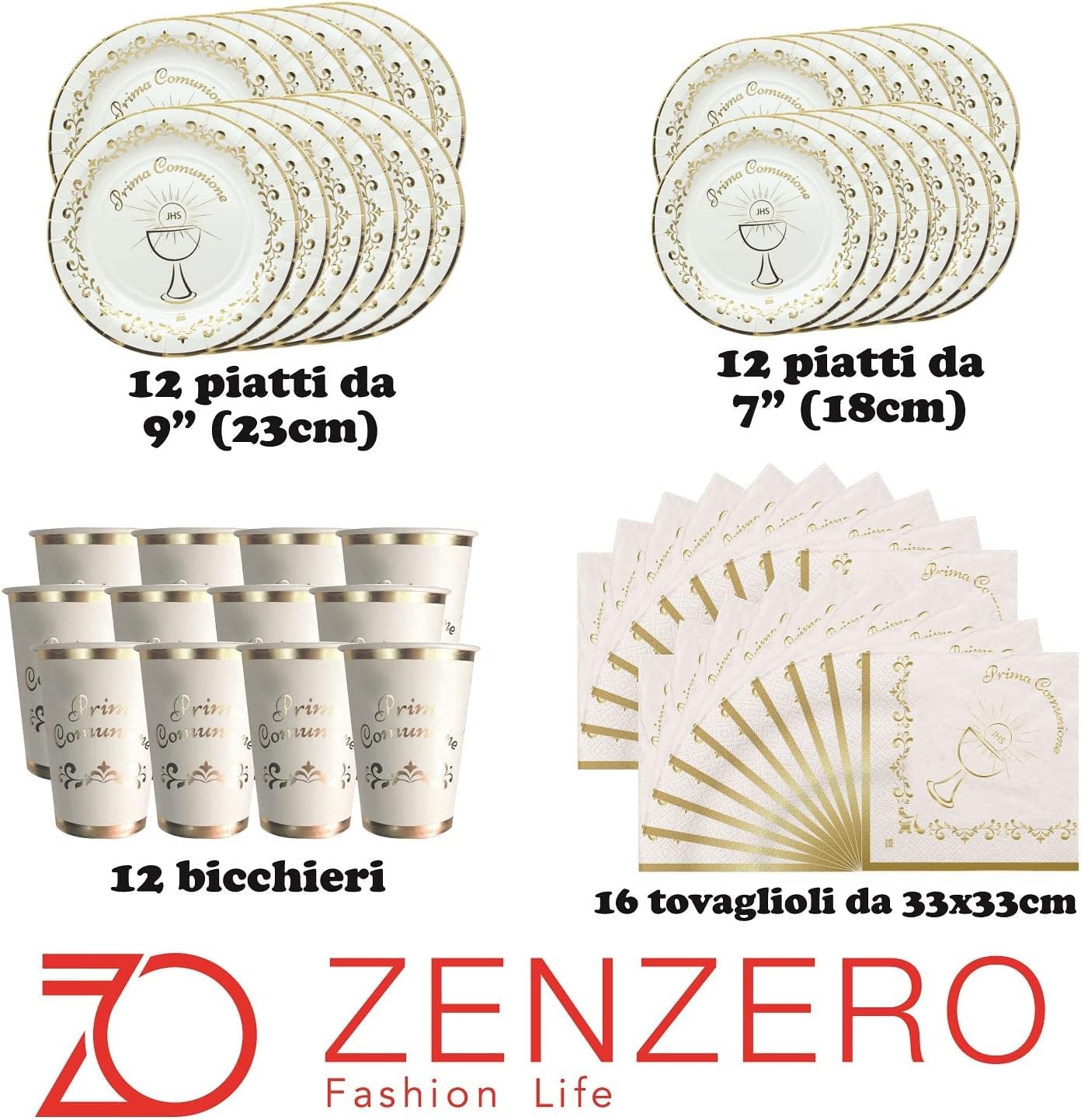 ZENZERO® - KIT COMPLETO per FESTA di Prima COMUNIONE - 16 Tovaglioli di Carta, 12 Bicchieri di Carta, 12 Piatti, 12 Piattini - ( 3 Kit - 156 pezzi)