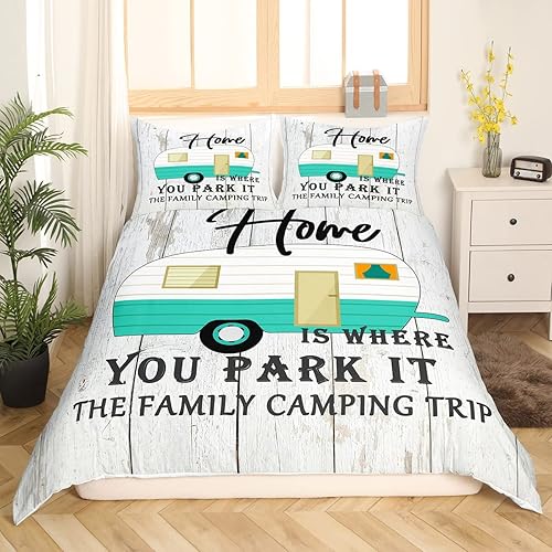 Miniatura 2 de Funda de edredón Happy Camping Queen para niños y niños, juego de ropa de cama con 2 fundas de almohada, funda de edredón rústica de 3 piezas, suave