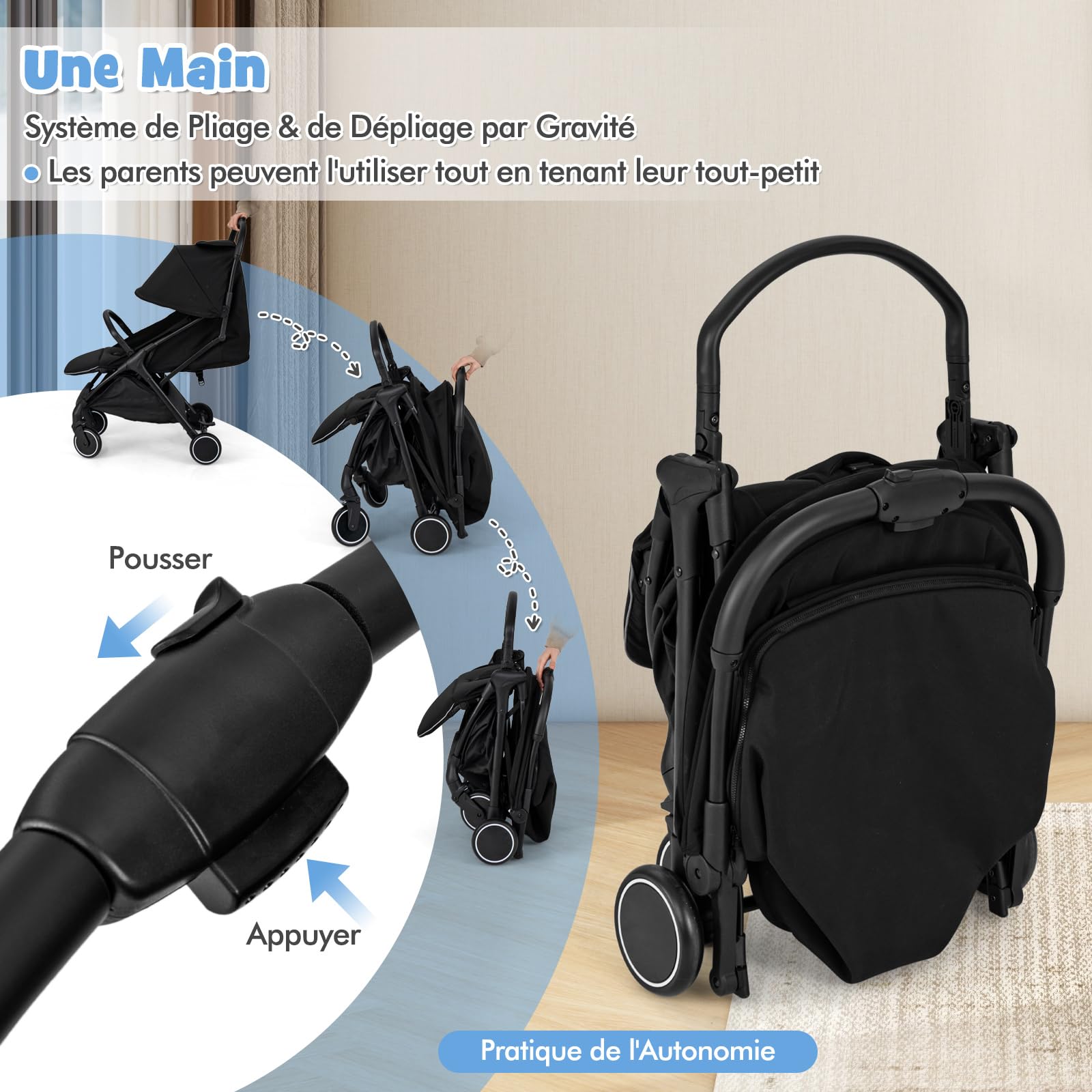 DREAMADE Poussette pour Bébé, Poussette Canne Ultra Compacte avec Harnais à 5 Points, Poussette Bébé Capote Grande avec Une Fenêtre, Pliage d'Une Main, Dossier Réglable, pour Enfant 0-3 Ans(Noir)