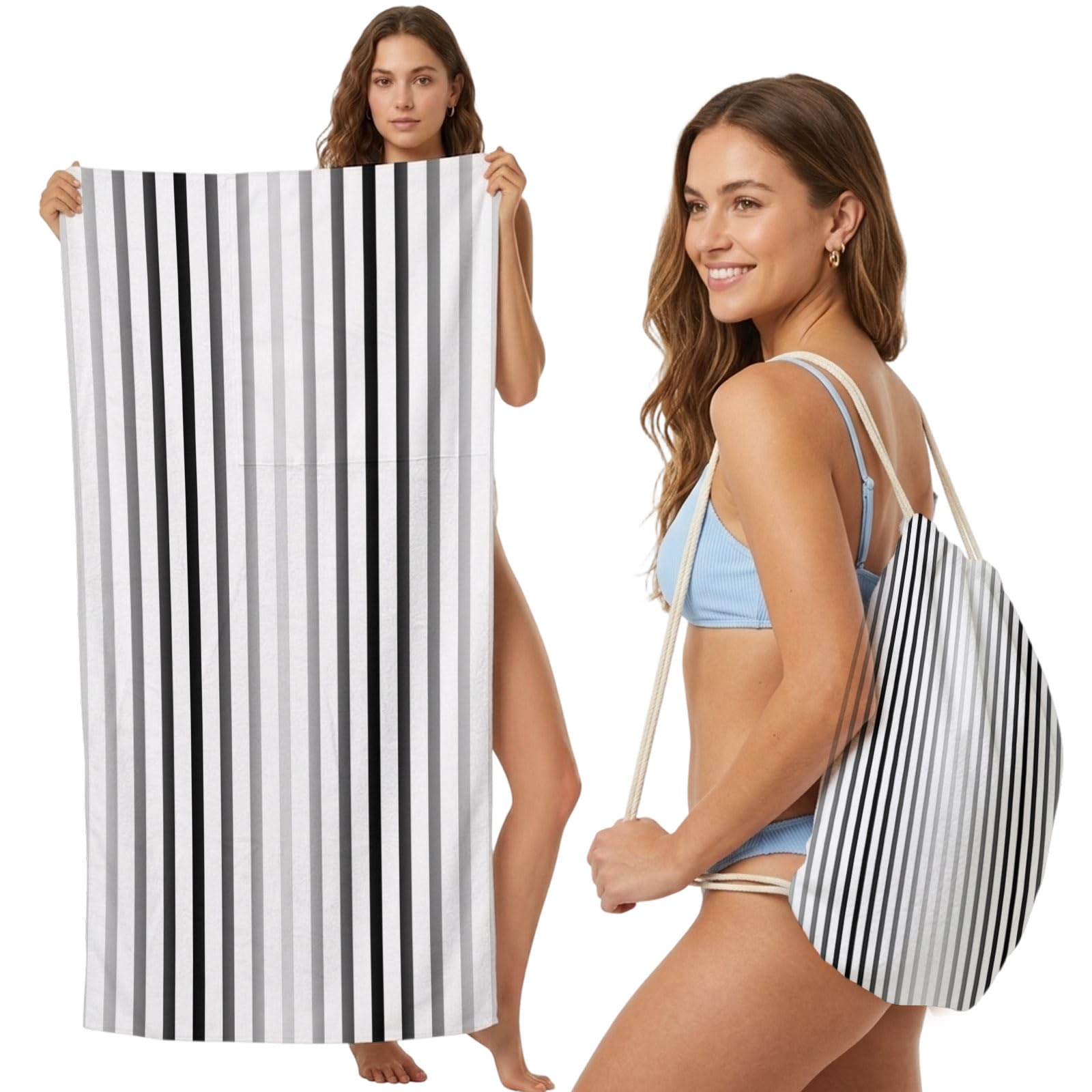 Beach Towel Bag 2 in 1 Grey Vertical Stripes Bath Pool Towels Backpack Ombre Pinstripes Parallel Lines Absorbent Beach Towel Soft Quick Dry Lightweight Packable Towels Drawstring Bag for Travel Sports