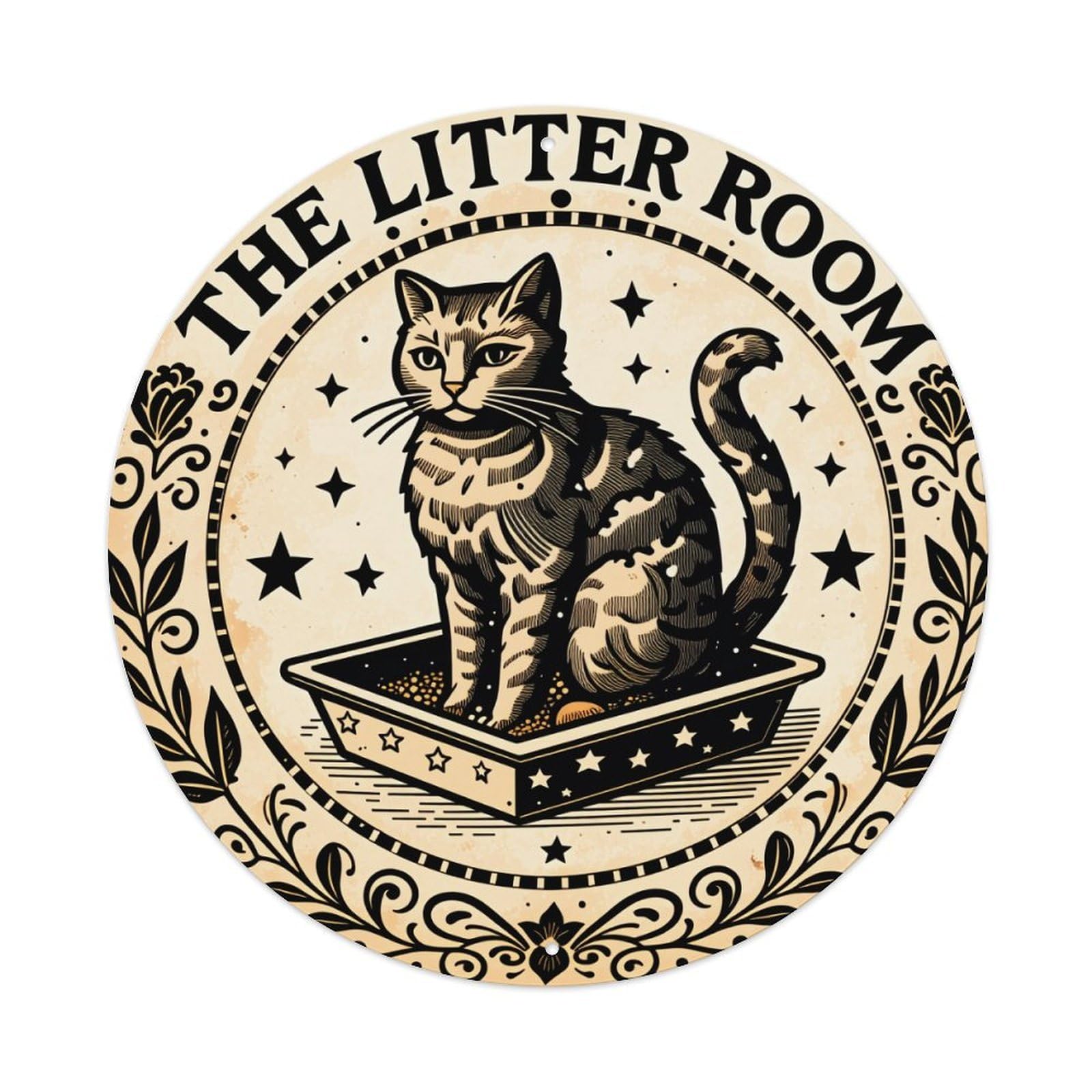 Cat In Litter Box With Stars And Leaves Pattern Round Vintage Tin Sign,Retro Wall Art,Metal Poster for Home, Bar, Garage, Cafe, Rustic Indoor & Outdoor Decor, 8x8 Inches