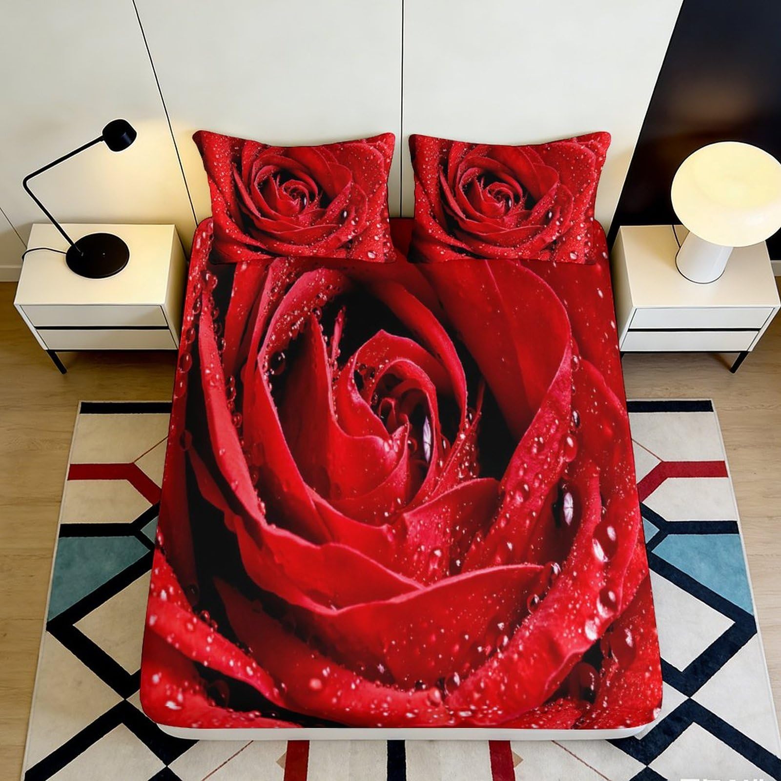 3D Printed Red Rose Fitted Sheet Microfiber Soft Anti-Slip Bed Cover Waterdrop Pattern for Bedroom Dorm Mattress Decor 90x200x25cm