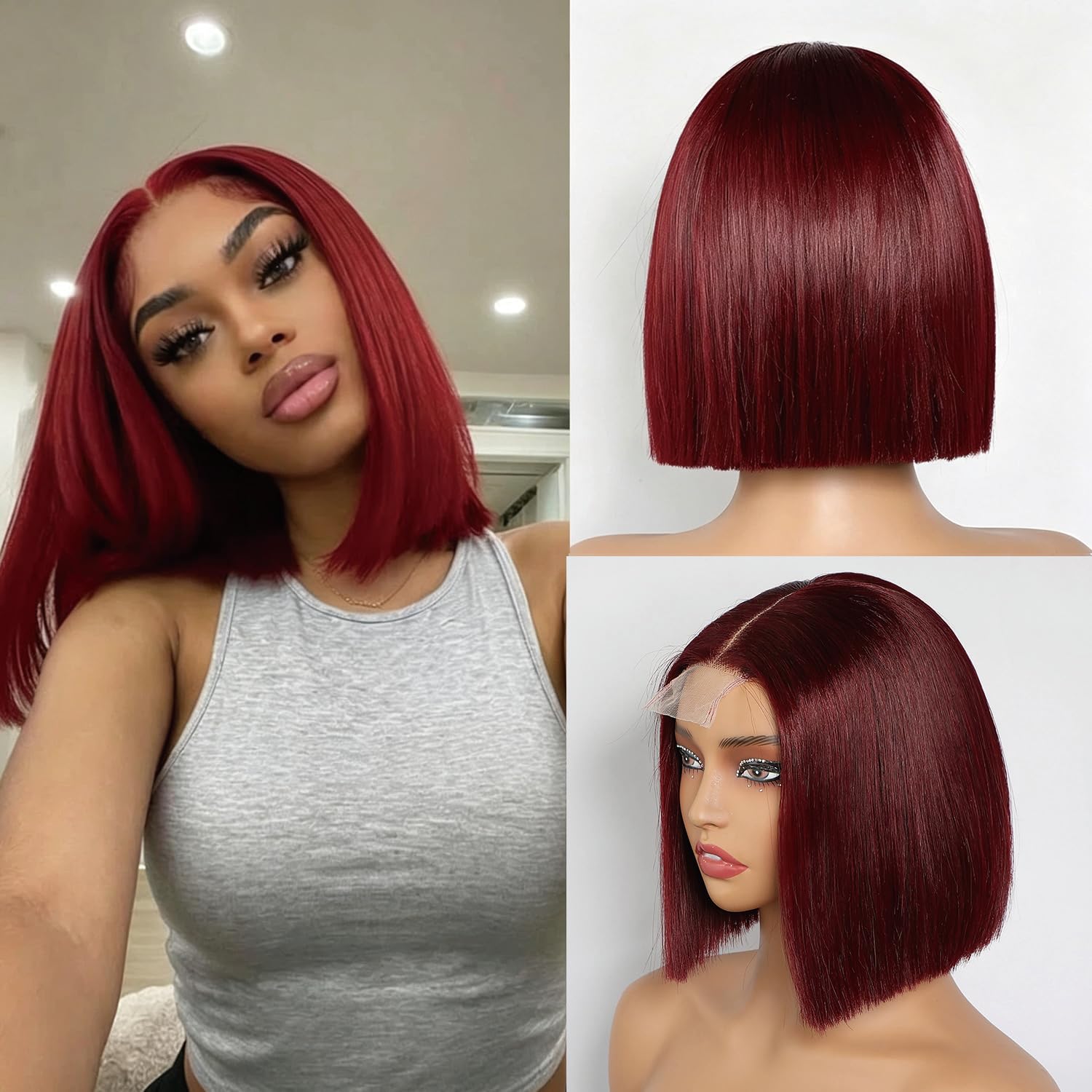 Lemoda 99J Burgundy 2X6 Lace Bob Wig Human Hair 10Inch 2x6 Hd Lace Front Human Hair Wigs 180% Density Wear and Go Silkly Straight Bob Wig 2x6 Lace Wig 10 Inch