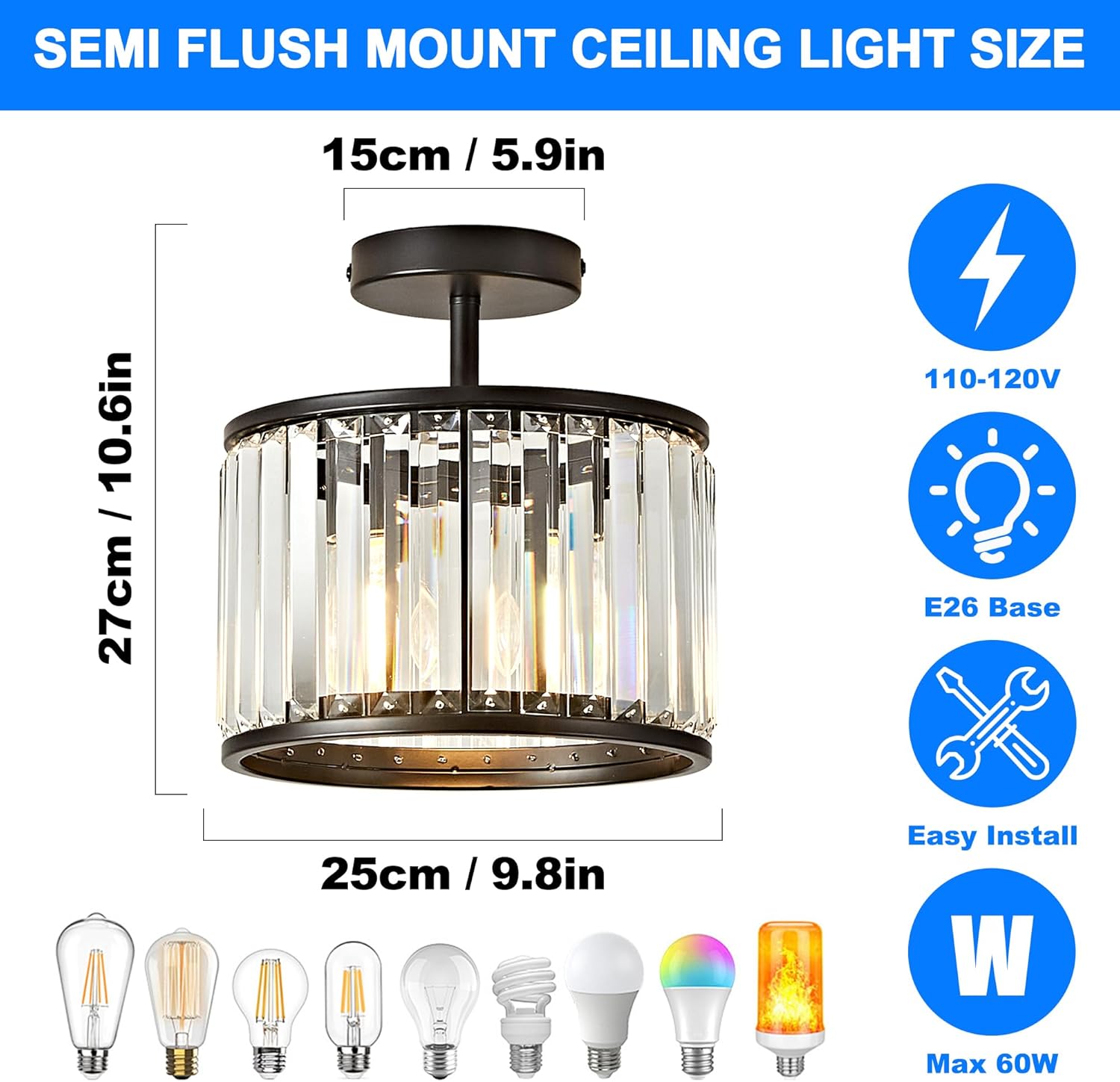 OKELI 9.8" Small Crystal Chandelier Semi Flush Mount Ceiling Light, Modern Black Round Crystal Chandeliers Ceiling Lights Fixture for Hallway Bedroom Living Room E26