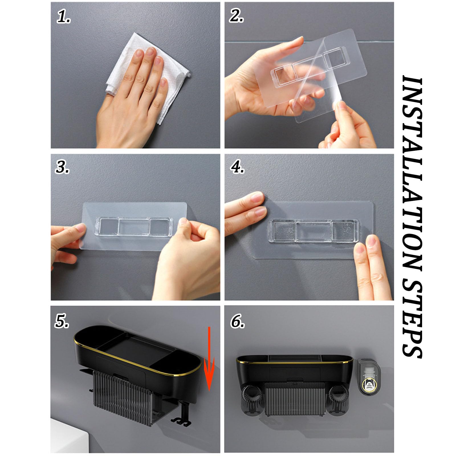 Portaspazzolini da Parete con Distributore di Dentifricio, Set Portaspazzolino Organizer da Bagno con Scatola di Fazzoletti, Adatto per L'installazione su Pareti Piatte-Black