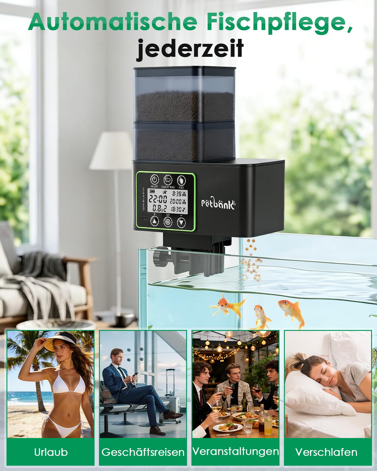 Futterautomat Aquarium, 230/510ML Automatischer Fischfutterautomat für Aquarium mit Timer, Wiederaufladbare Fische Fischfutterspender mit USB-Kabel LCD-Anzeige, Fisch Futterautomat