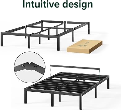 Zinus Elias Double Bed Frame with Storage Space Underneath - 4ft6 (135 x 190 cm) - 14.2'' Height - Metal Bed Base with Steel Slat Support - Easy Assembly - Black