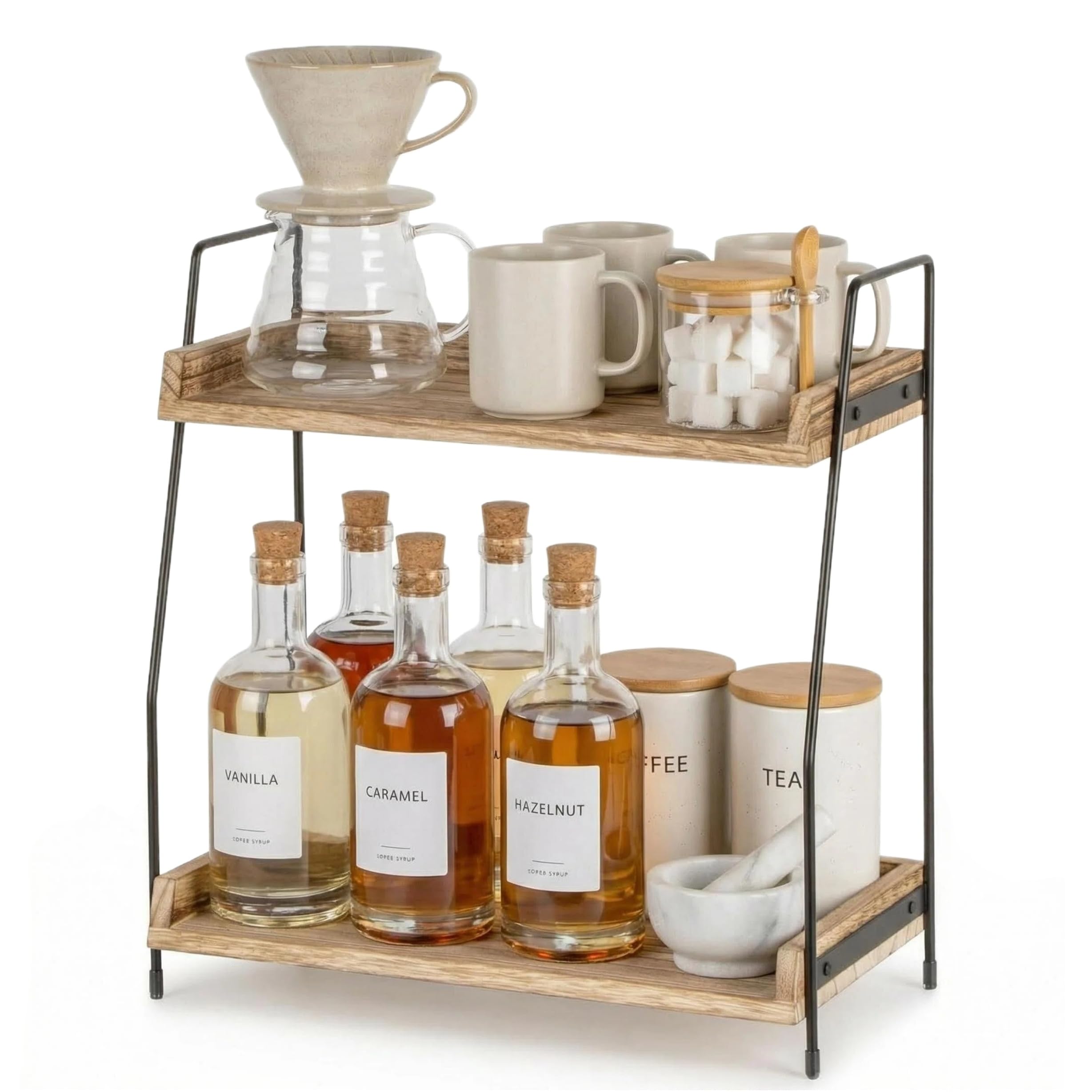 Siocok Coffee Station Organizer for Countertop, 2-Tier Wooden Coffee Station Organizer, Kitchen Storage & Organisation, Spice Rack, for Kitchen, Bathroom, Office, Balcony, RV