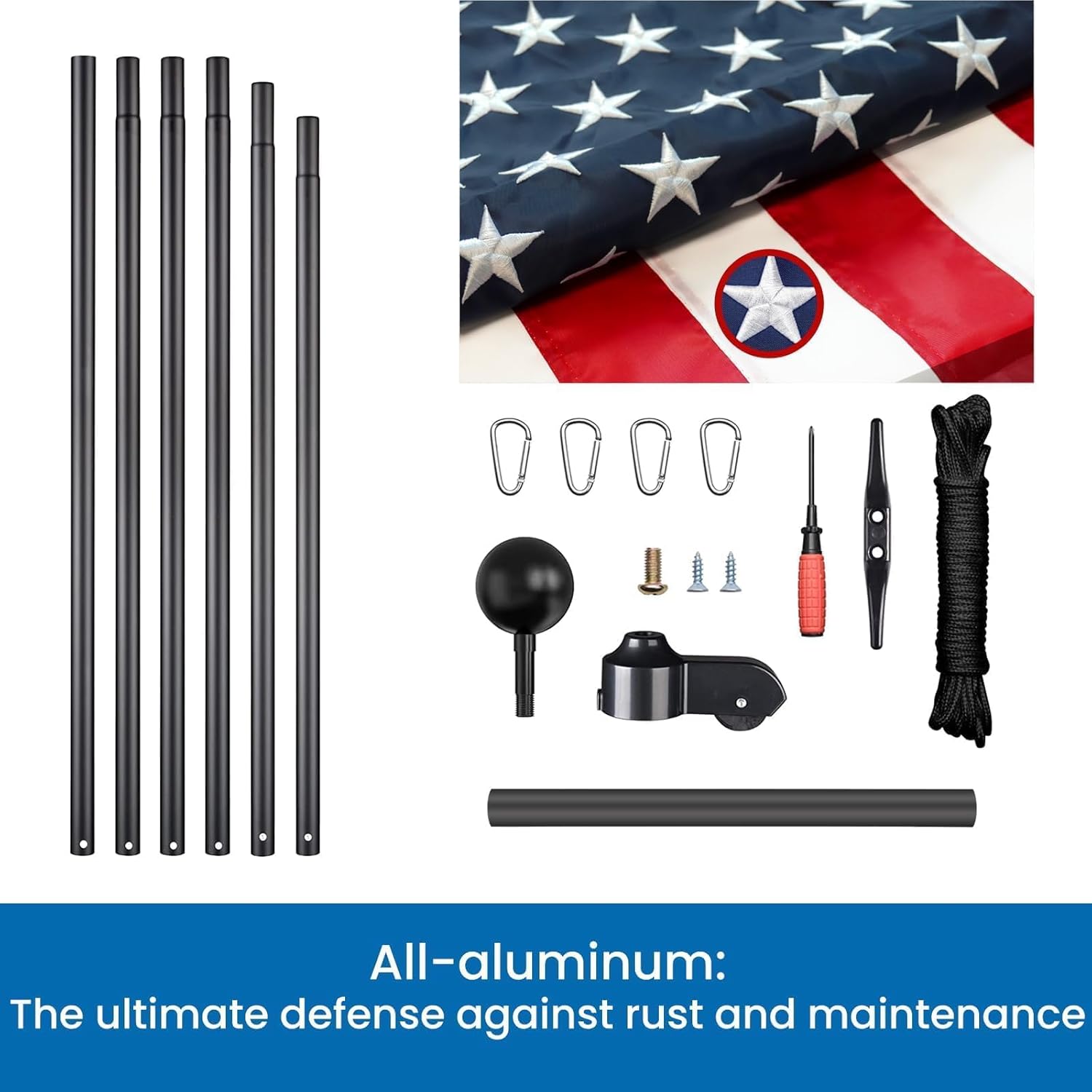 iElyiEsy 12 Gauge 20FT Heavy Duty Black Flag Pole Kit - In-Ground Flagpole, 120MPH Wind Tested with 3'×5' Oxford Embroidered Flag Aluminum top Ball for Residential/Black - Image 6