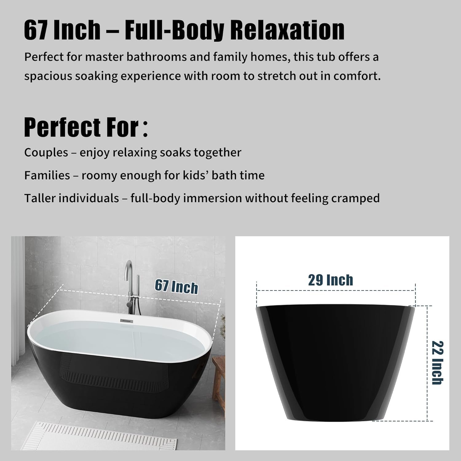 67 Inch Freestanding Acrylic Bathtub, Modern Black Soaking Tub with Chrome Overflow & Drain, CUPC Certified, Deep Soaking Design for Luxurious Spa Experience, Contemporary Bathroom Centerpiece