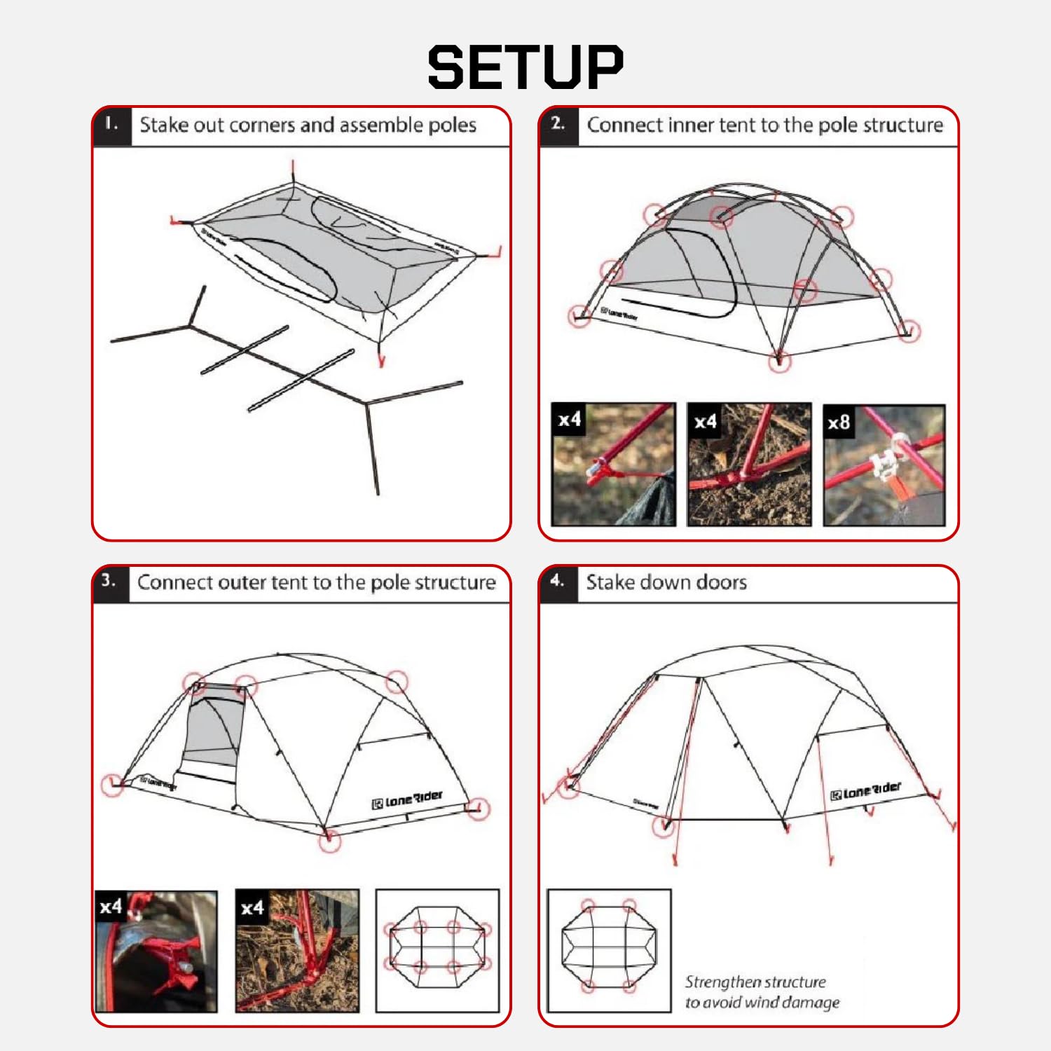 Lone Rider Tenda a Cupola per 2 Persone - Riparo Leggero e Impermeabile per Campeggio, Trekking e Hiking - Struttura Monopezzo con Ventilazione in Rete - Include Sacca, Picchetti e Kit Veranda