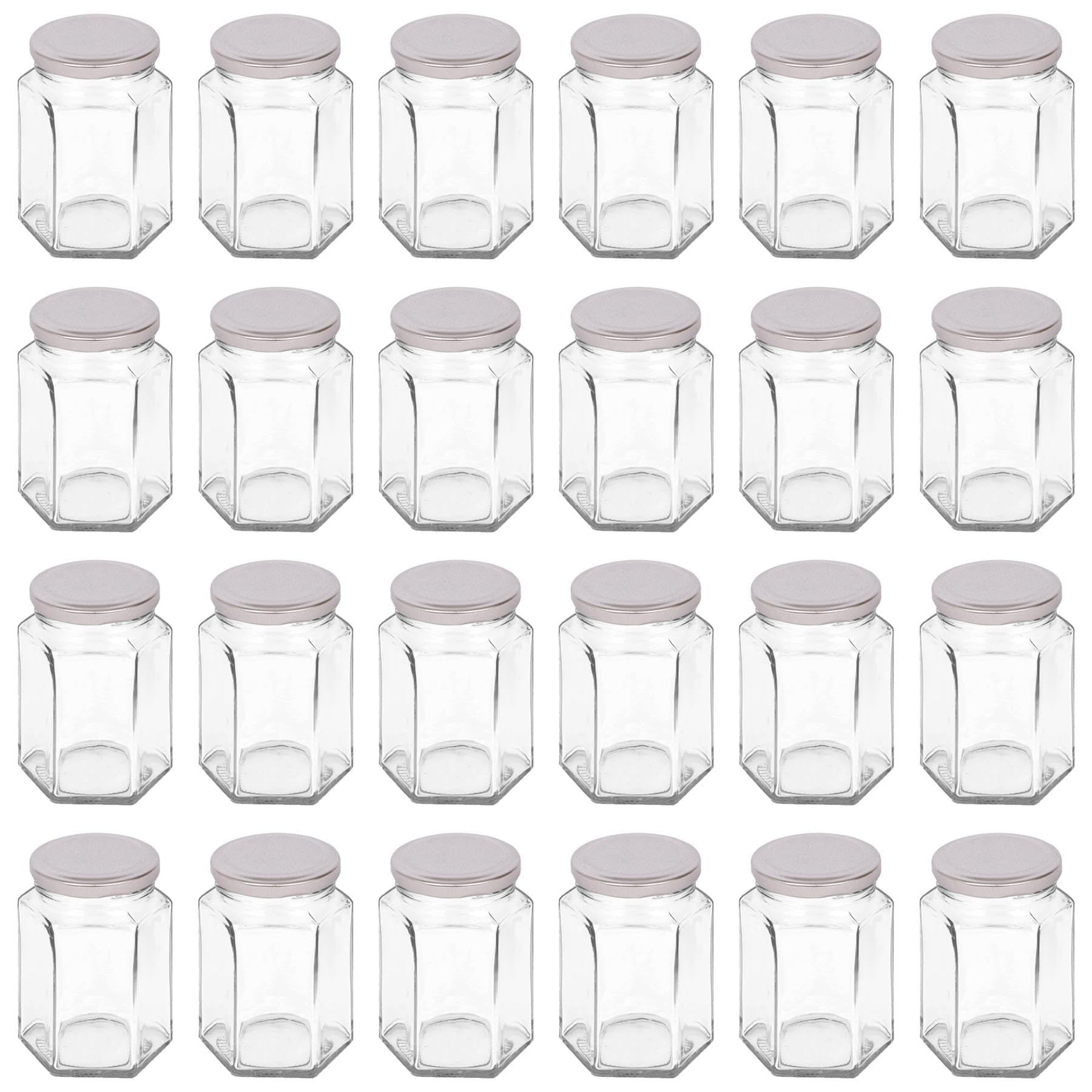 Argon Tableware 250ml Hexagonal Glass Jam Jars with Silver Lids - 24x Empty Screw Top Kitchen Food Honey Spice Chutney Preserving Canning Storage Jar Container Glasses Set