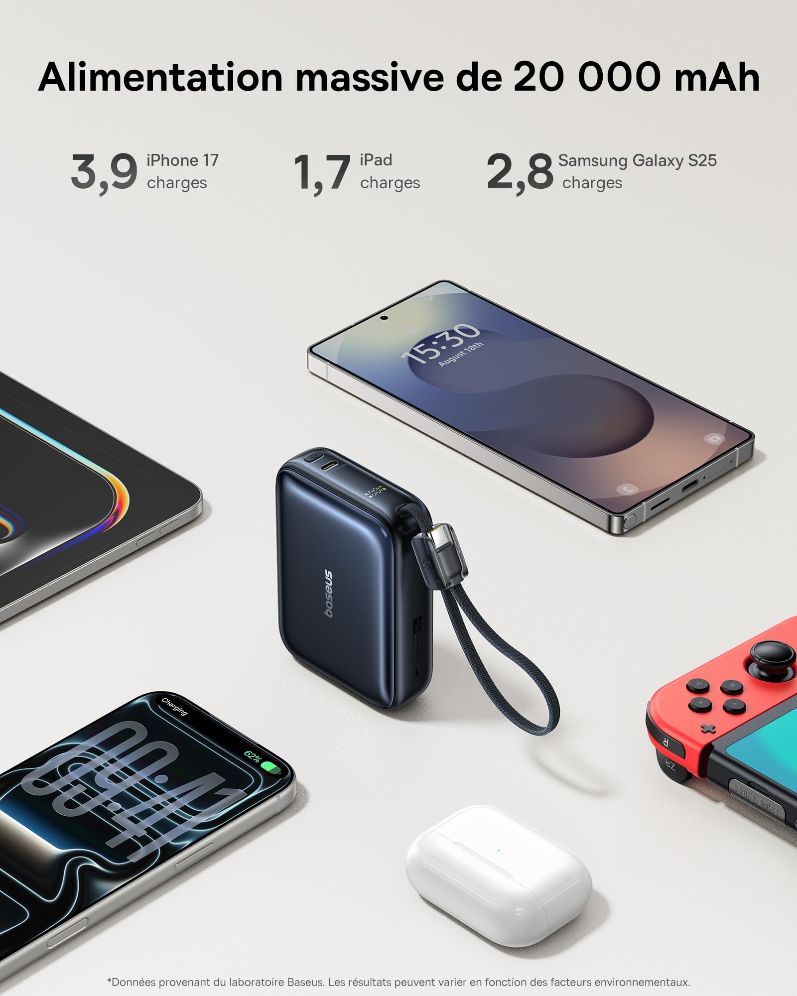 Baseus AC22 Mini Powerbank 20000mAh, 45W PD Power Bank Compacte avec Câble USB-C Intégré, Batterie Externe de Poche pour iPhone 17/16/15 Pro Max, Samsung S26/S25 Ultra, iPad, Pixel 10/9