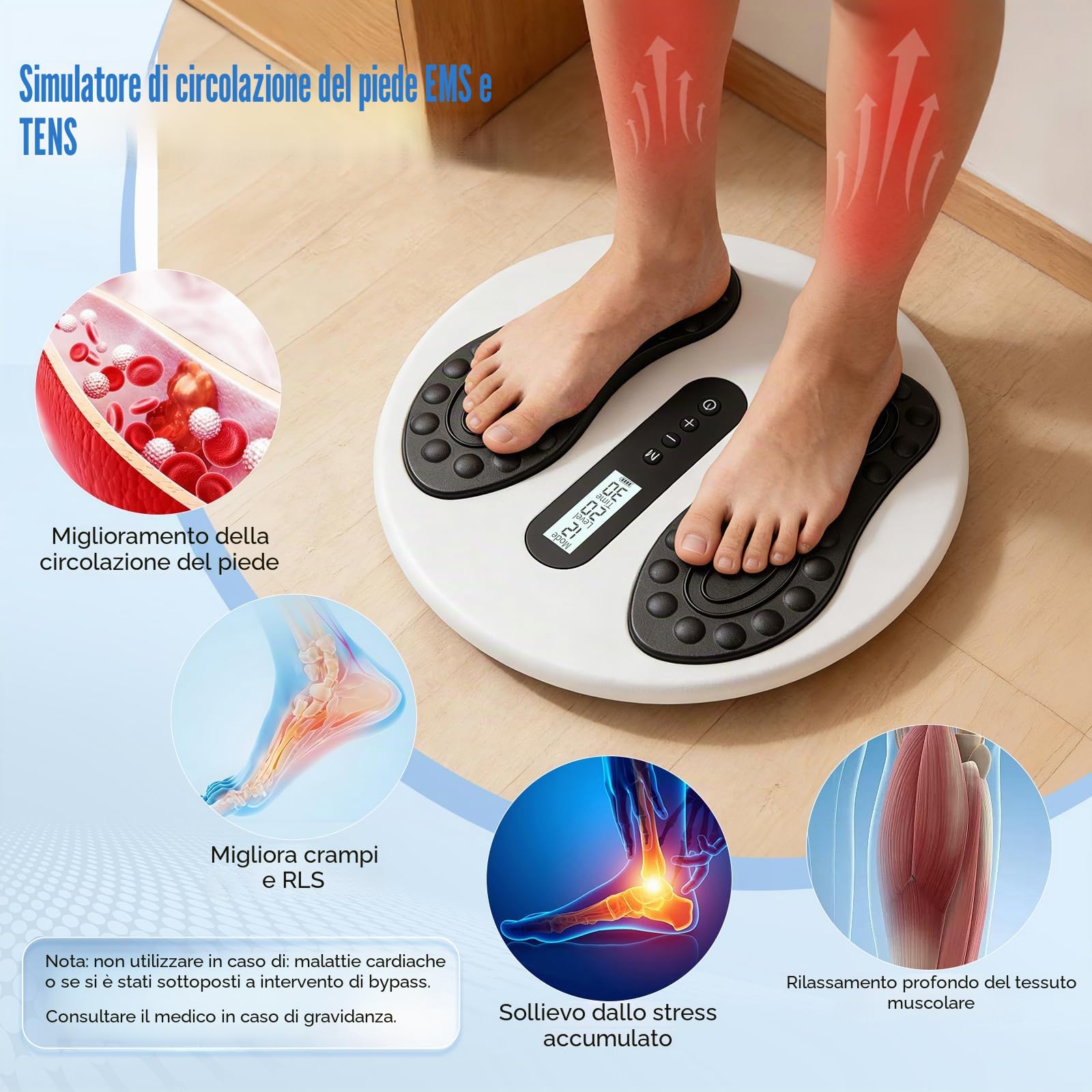 Stimolatore di circolazione per piedi e gambe, massaggiatore per piedi EMS con 8 cuscinetti TENS, 12 modalità e 20 livelli di intensità, massaggiatore elettrico per piedi allevia neuropatie e