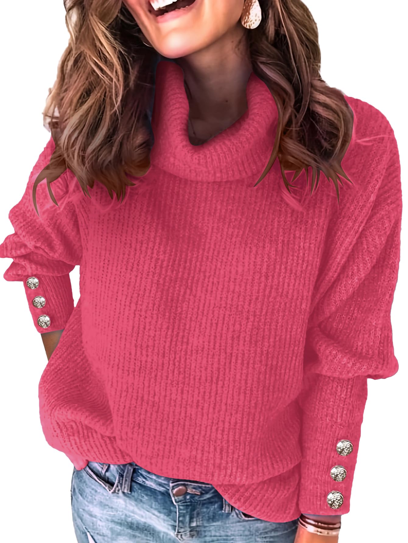 100 Wool Womens Pullover Sweaters Oversized Turtleneck Ribbed Knit Button Long Sleeve Loose Fit Winter Fall Top
