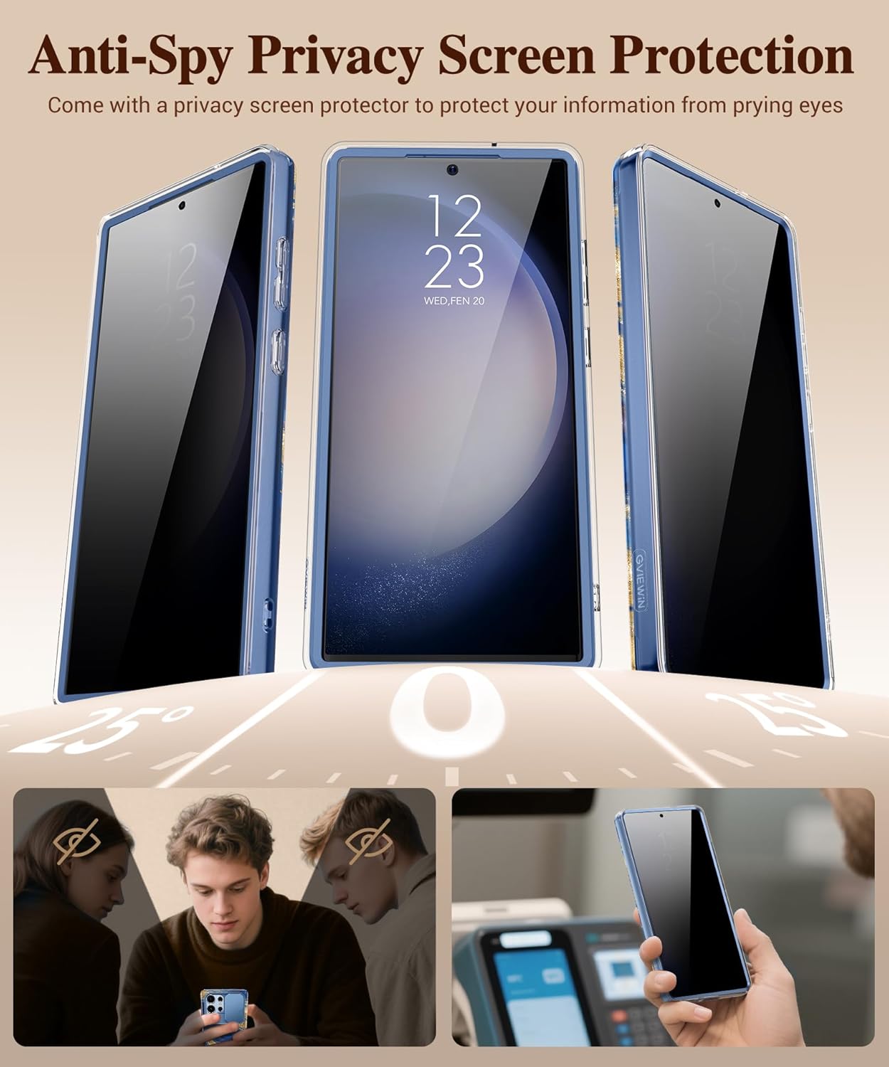 GVIEWIN for Samsung Galaxy S23 Ultra Case with Slide Camera Cover, [Built-in Privacy Screen Protector] [2 Front Frames] Military Grade Shockproof, Marble Protective Phone Case 6.8", Cerulean Flow/Blue - Image 3