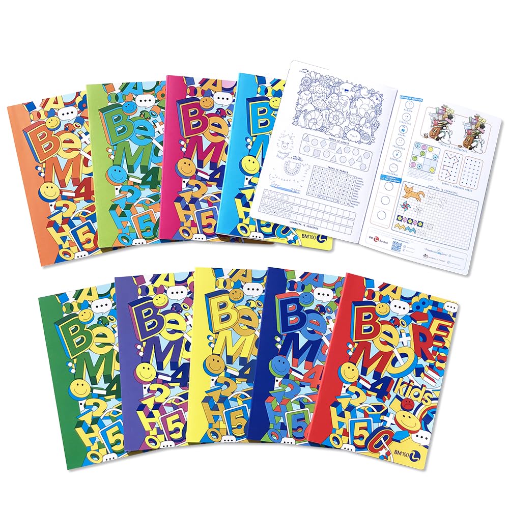 BM BeMore KIDS Maxi Notebooks A4-10F Ruling, 10mm Squares with Margins for 1st Grade - 10 Piece Set with Coloured Covers and 4 Game Pages - 100g Paper