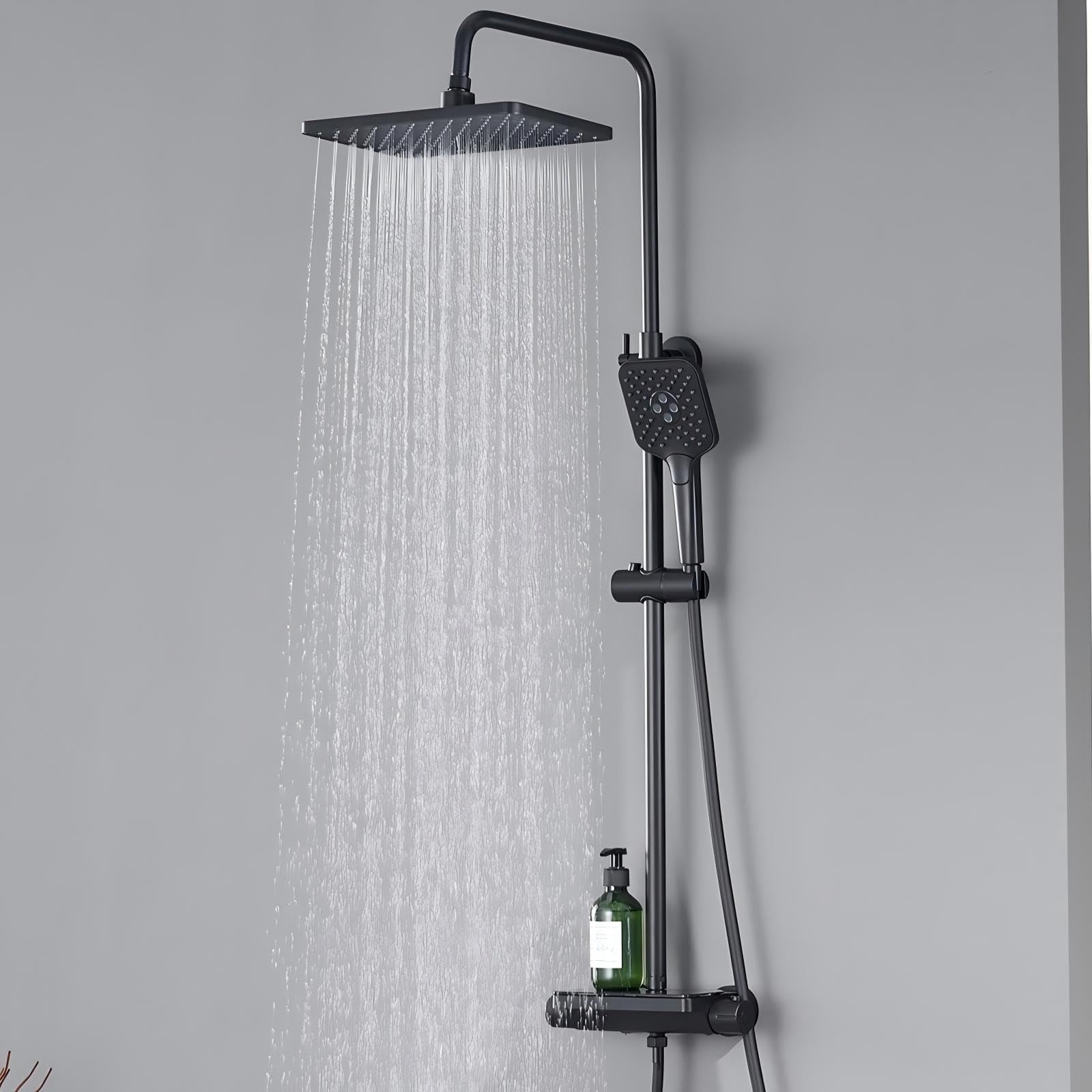 Auralum Duschsystem mit Thermostat und Glasablage, Duscharmatur Komplettset mit 12 Zoll Regendusche Kopfbrause, 3 Strahlarten Duschkopf Wassersparend, Höhenverstellbare Duschstange, Eckig, Schwarz