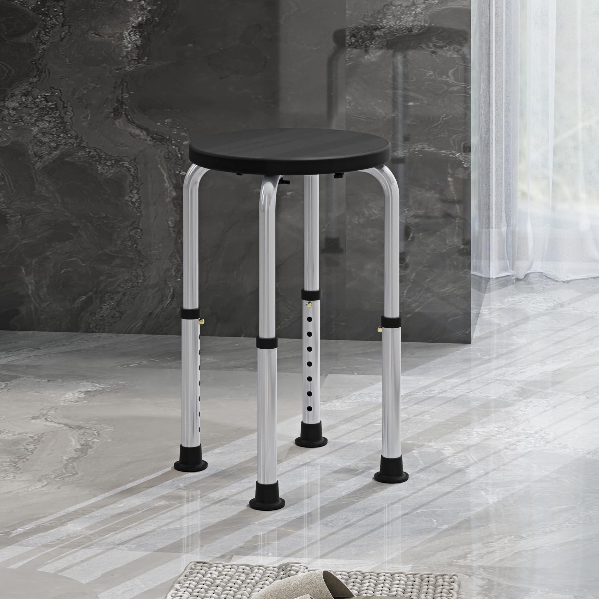 HOMCOM Sgabello da Doccia Girevole a 360° con Piedini Antiscivolo e Regolabile in Altezza su 8 Livelli, Sgabello per Doccia in Alluminio e PE, 32.5x41x35.5-54 cm, Nero