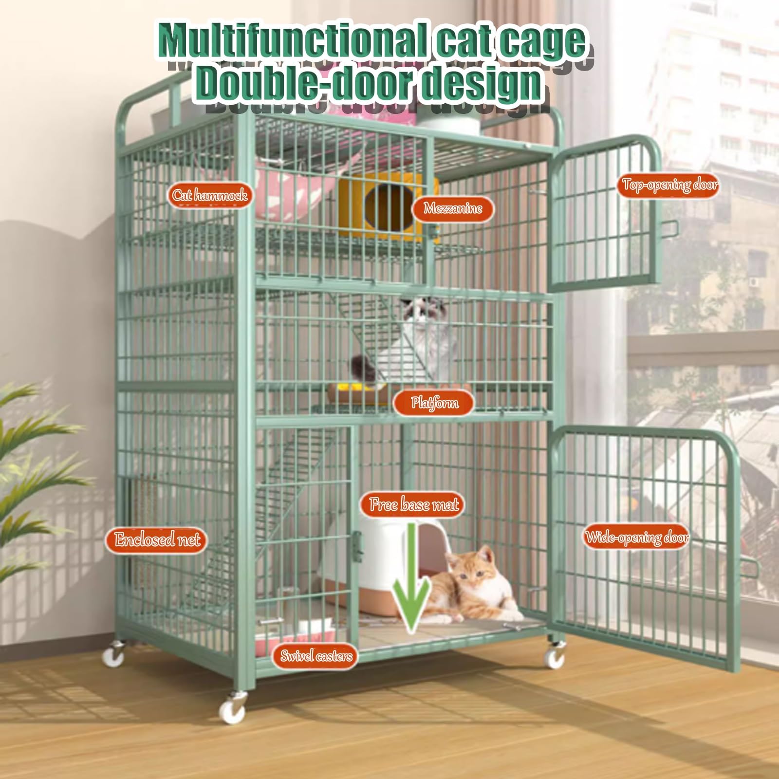 Gabbia per gatti da interno con ruote girevoli, doppia porta e vassoio estraibile per gattini, design multilivello per un facile accesso e pulizia