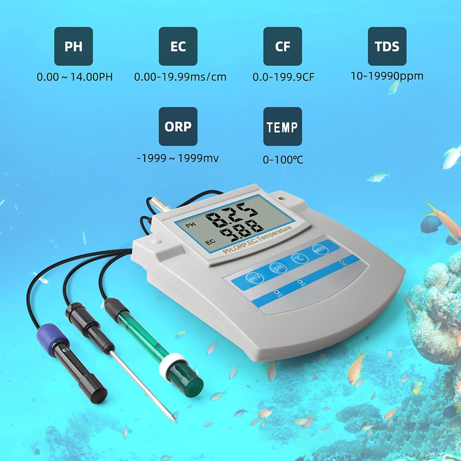 Cyfrowy tester jakości wody z wyświetlaczem LCD, mierzy pH ORP TDS EC CF temperatury, funkcja zapisywania danych, do użytku w laboratorium w basenie akwarium