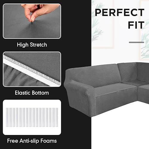 Miniatura 5 de 3 fundas de sofá en forma de L para sofá seccional, fundas de sofá esquinero, elásticas, lavables de 5 asientos, fundas de sofá esquinero de seda de