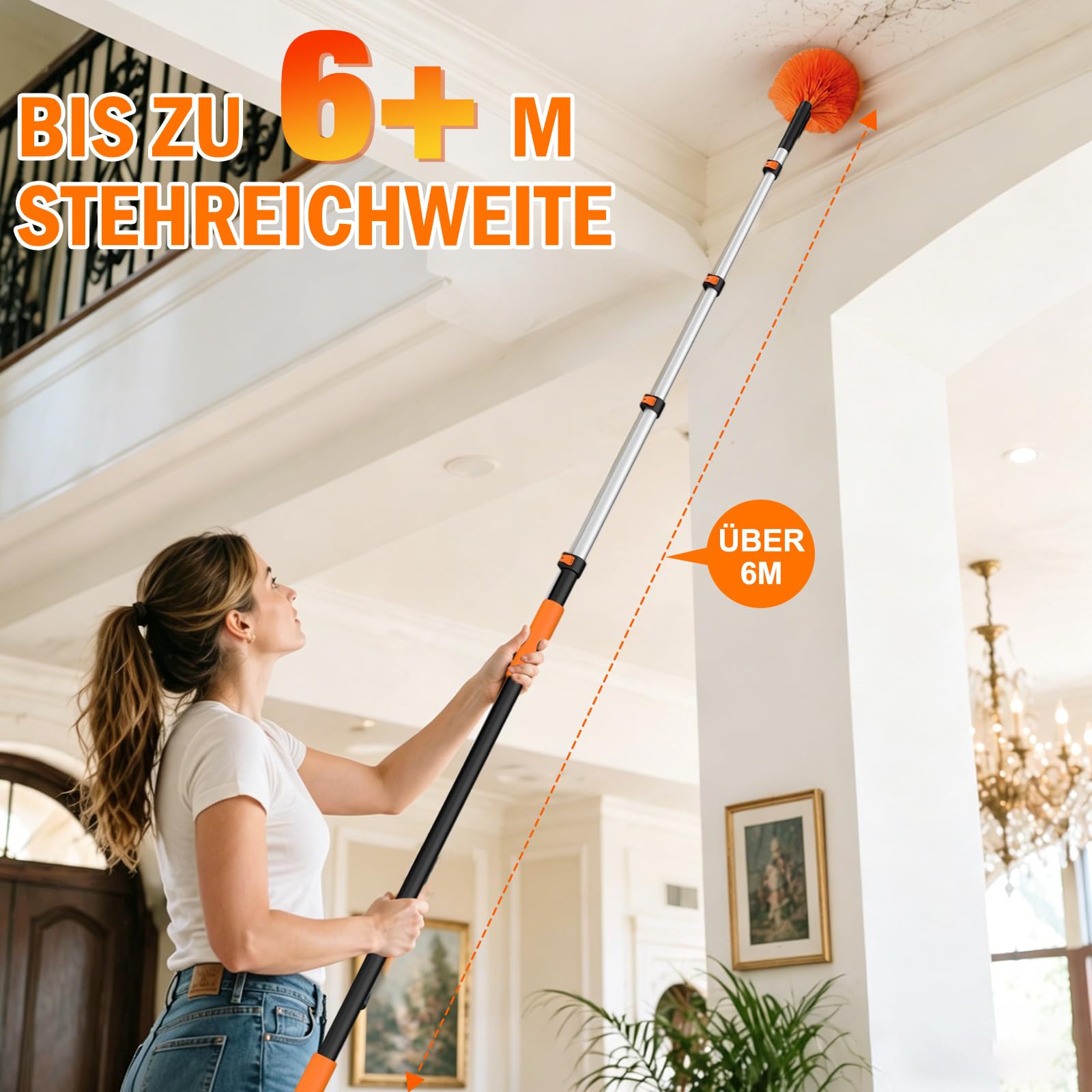 LAANPOLE 6m Staubwedel Teleskop Waschbar, Spinnenwebenentferner zum Reinigen, Spinnwebenbesen mit Teleskopstiel für Decken, Ecken, Spinnweben, für den Außen- und Innenbereich Geeignet