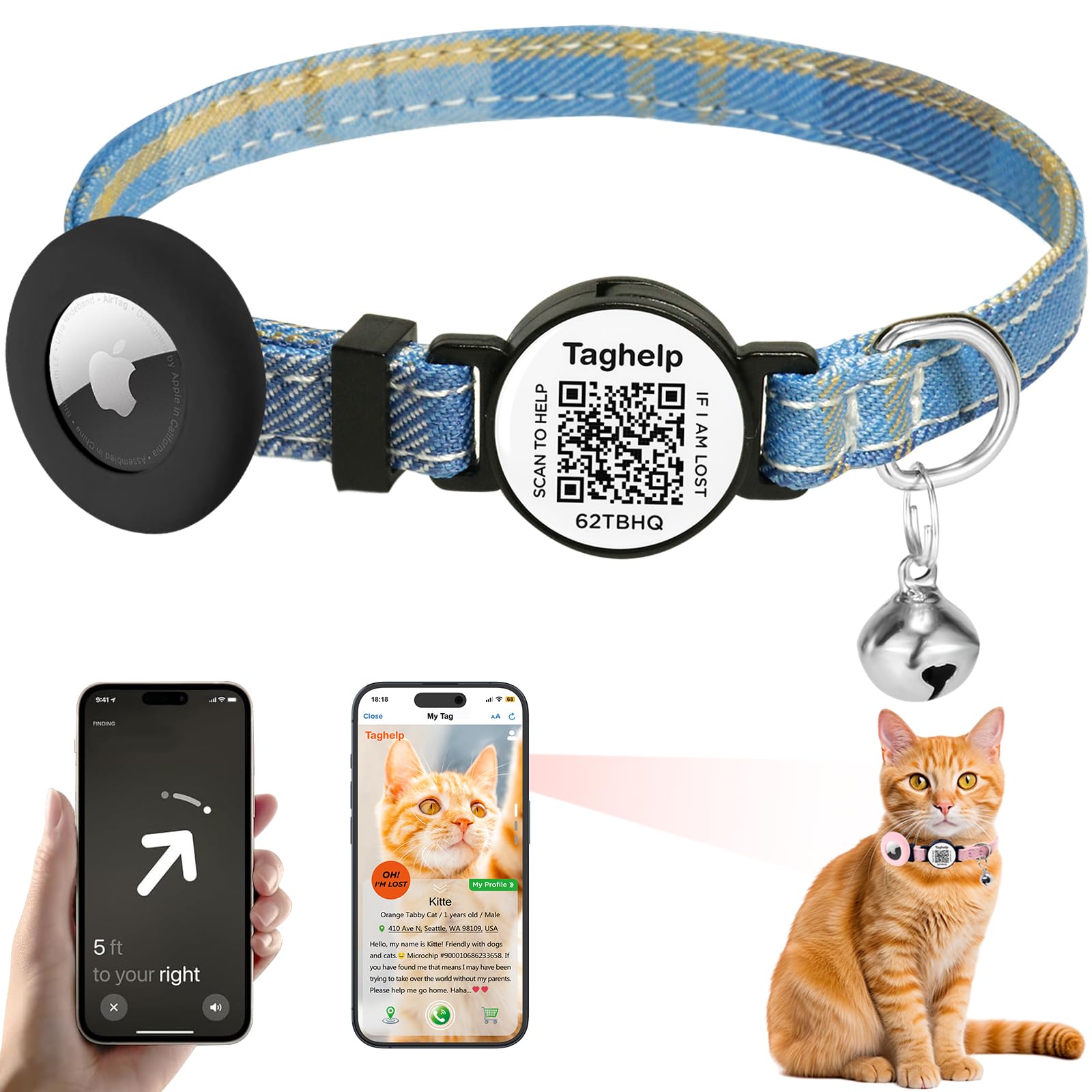 Grid Cloth Breakaway Cat Collar with Smart QR Code ID tag with AirTag Holder and Bell, Light, Adjustable,AirTag, Integrated Air Tag Cat Collar for