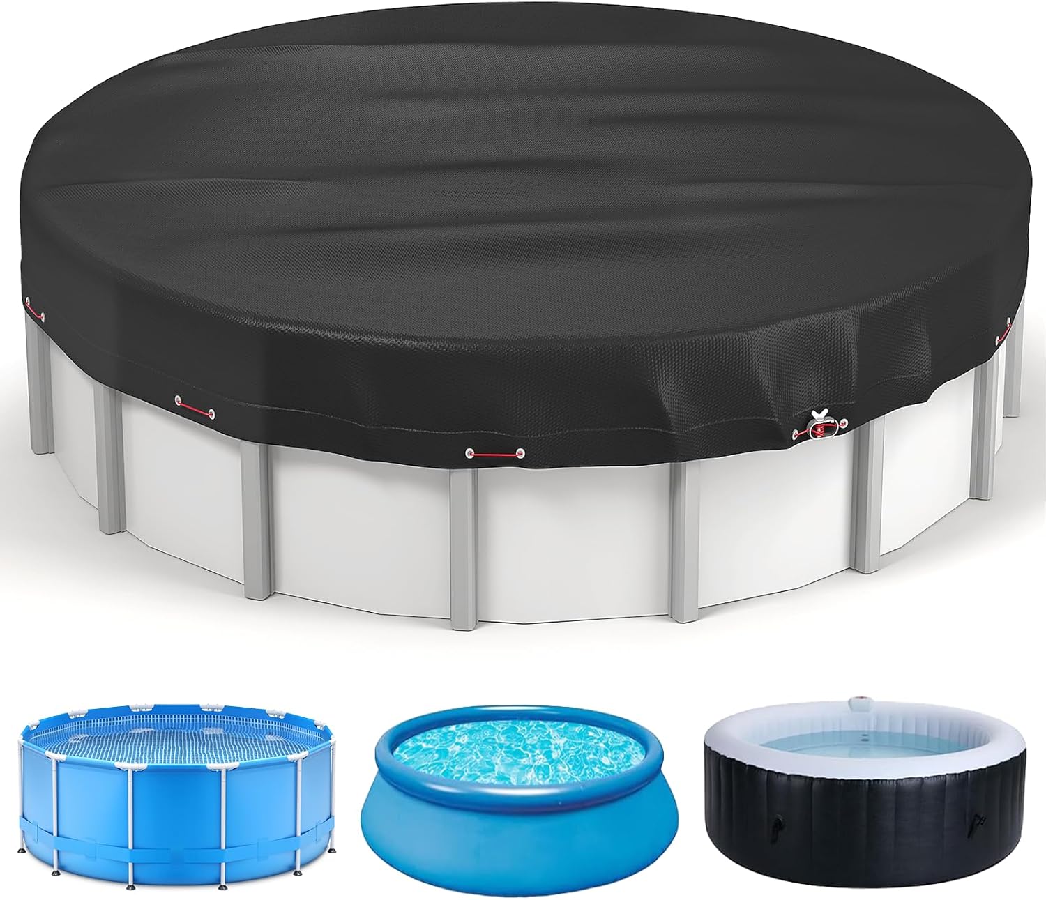 15Ft Round Pool Cover, above Ground Pool Cover Heavy Duty Oxford Fabric Pool Covers with Winch and Cable, All Season Inflatable Pool Cover for UV Resistant, Waterproof and Dustproof 15 FT