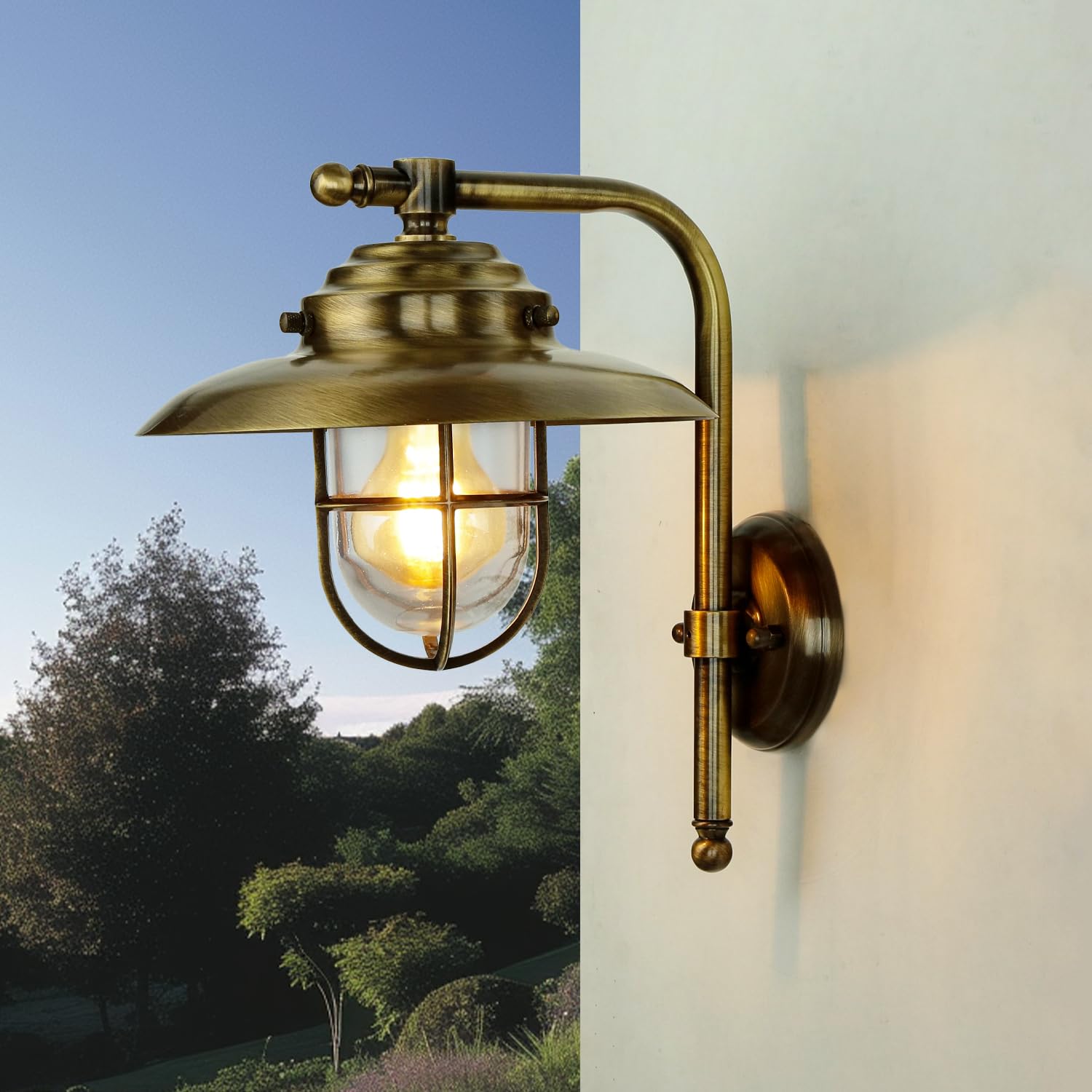 Licht-Erlebnisse XL Außen Wandleuchte aus Echt-Messing wertig in Antik IP43 E27 H30cm B:28cm für Garten Terrasse Hof Hauswand Eingang Außenleuchte Außenlampe Wandlampe