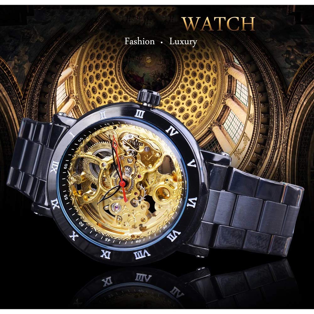 MASTOP Orologio da uomo meccanico automatico, in acciaio inox, a carica automatica, con scheletro, numeri romani