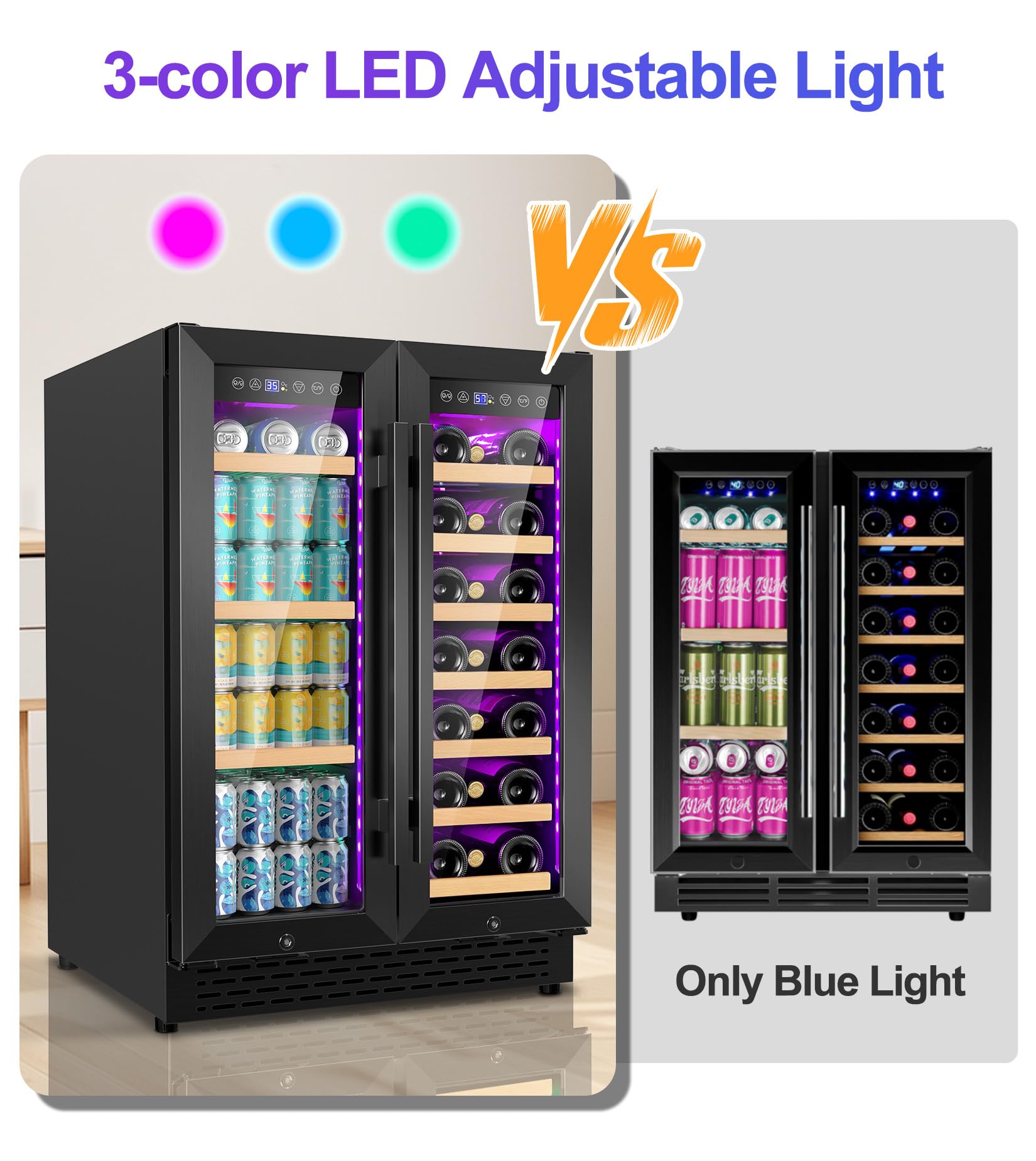 24 Inch Wine And Beverage Refrigerator, Dual Zone Wine Cooler Black, Undercounter Built-In Freestanding Drink Fridge With 3 LED Light, 88 Cans And 21 Bottles Capacity, For Beer Soda Kitchen Office on Fridge.com - View 4