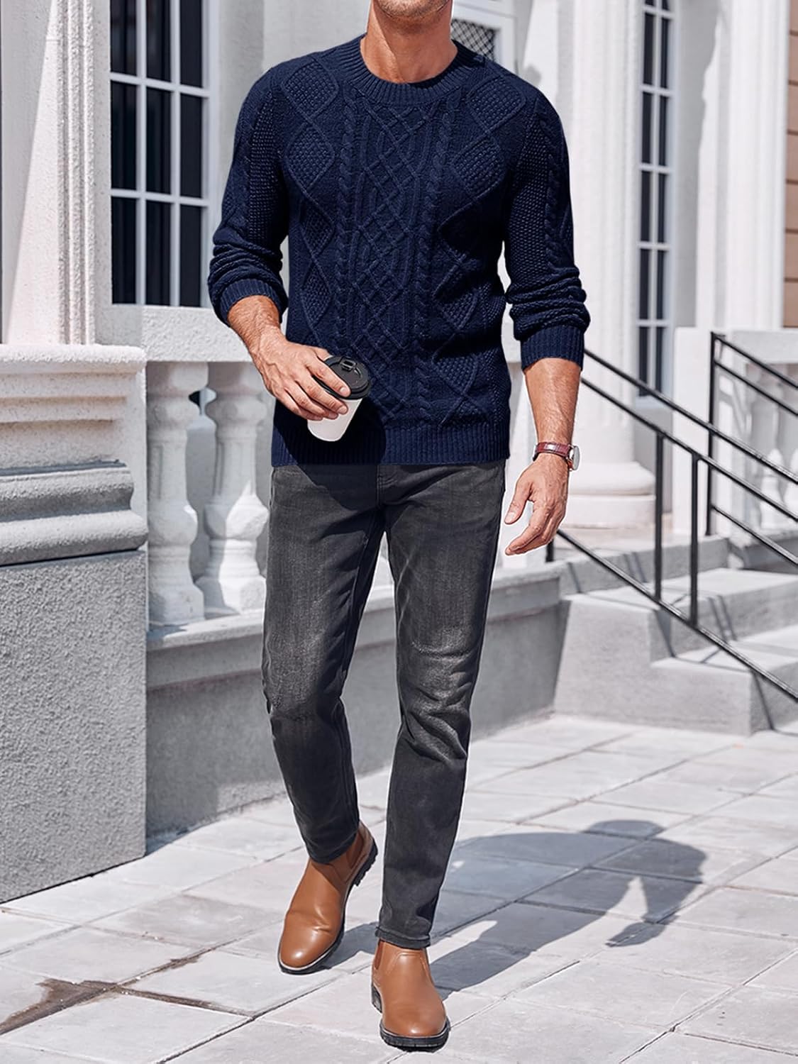 NIUBIA Men's Slim Fit Crewneck Pullover Sweater Winter Casual Chunky Cable Knit Comfort Heavy Long Sleeve Sweaters - Image 3