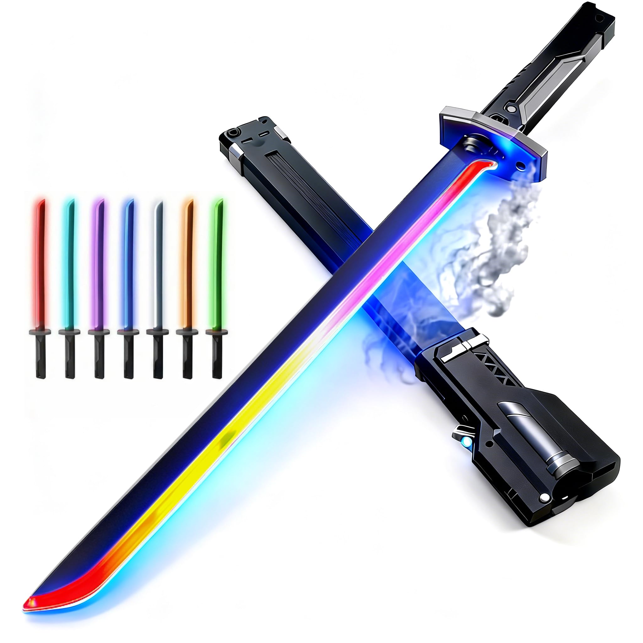 FKCOQ 32 Inch Spark Smoke LED Light Up Sword, Type-C Recharge Anime Cosplay Toy with 7 Color Lights, Touch Collision Sound Effects for Halloween Parties & Role Play