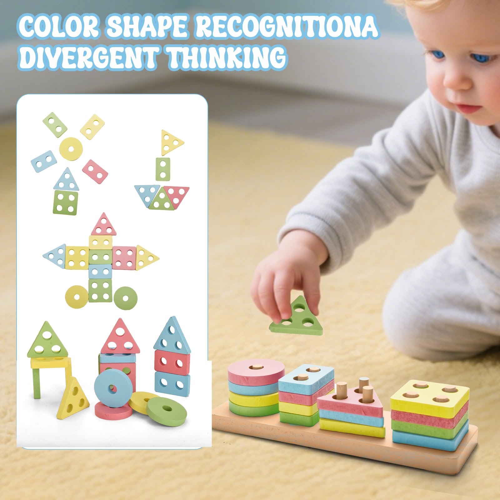 Jouet en Bois Montessori 3 en 1 à Empiler et de Tri 1 2 3 Ans Jouet en Bois Éducatif avec Activités de Tri Sensoriel Apprendre à Reconnaître Les Couleurs et à Compter Cadeau pour