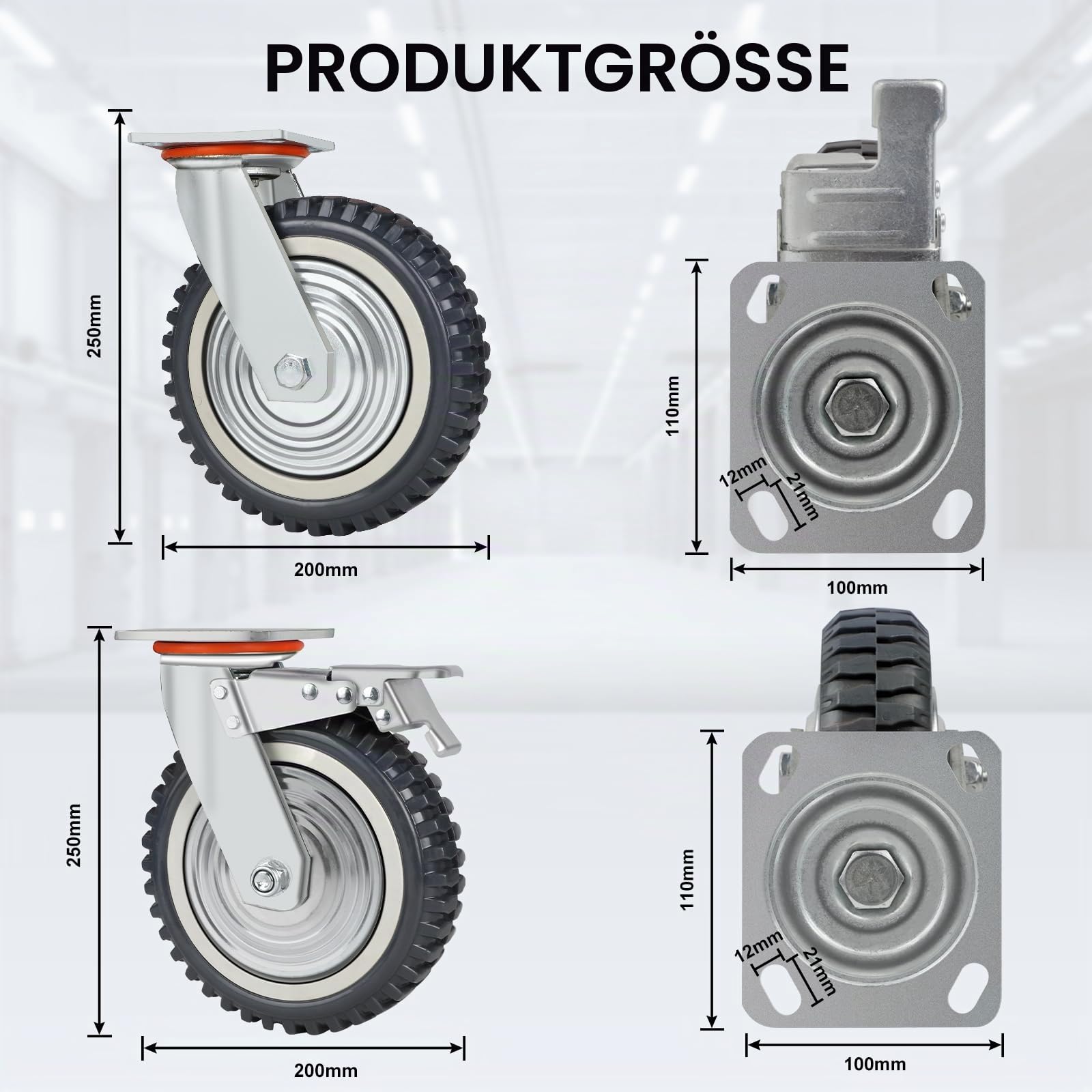 DBREAKS Schwerlastrollen, Ø200mm Transportrollen, 4 pcs Plattenrollen, 2x Lenkrollen mit Bremse + 2x Lenkrollen, 360° Vollgummi Laufrollen, 2000KG Möbelrollen für Schweißtisch