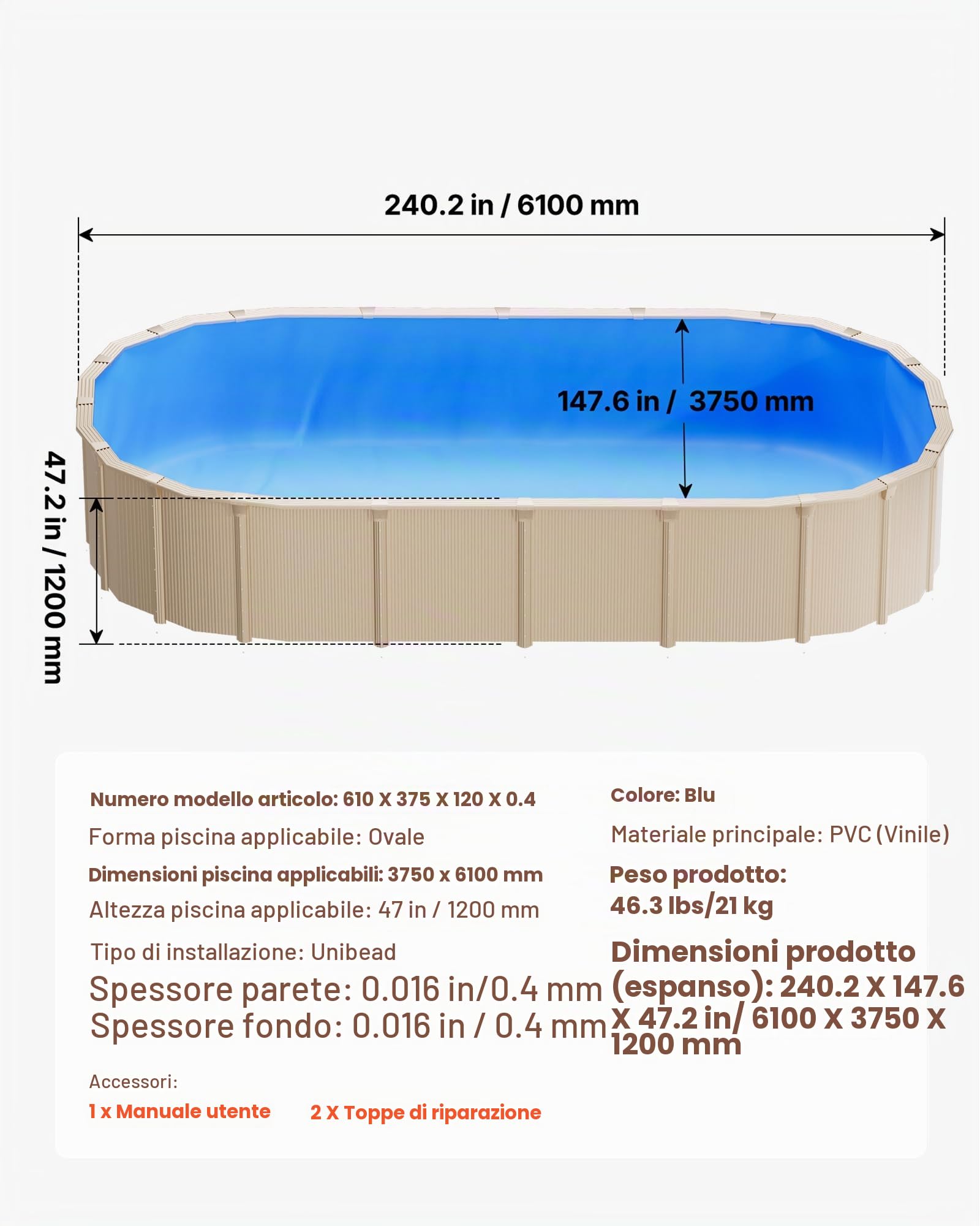 VEVOR Liner per Piscina Ovale 375 x 610 cm con Bordo a Incastro, Rivestimento Interno in Vinile Spesso per Piscina Fuori Terra, Altezza Parete 120 cm, Installazione Facile con Toppe di Riparazione