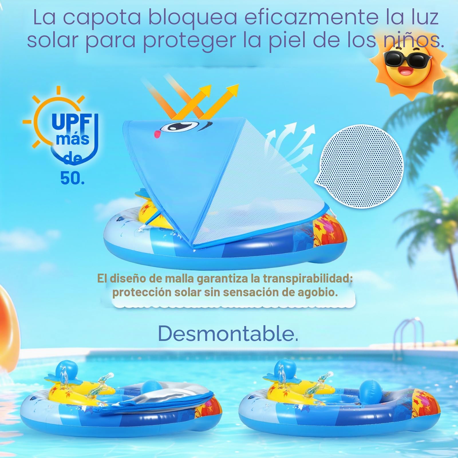 ZOOI Flotador Bebe con Sombrilla Partir de 6 Meses, UPF 50+ Flotador Bebe con Sombrilla y Asiento de Seguridad, Entrenador de NatacióN Adecuado Para 10-20 KG, Bola de Equilibrio Para Evitar Vuelcos
