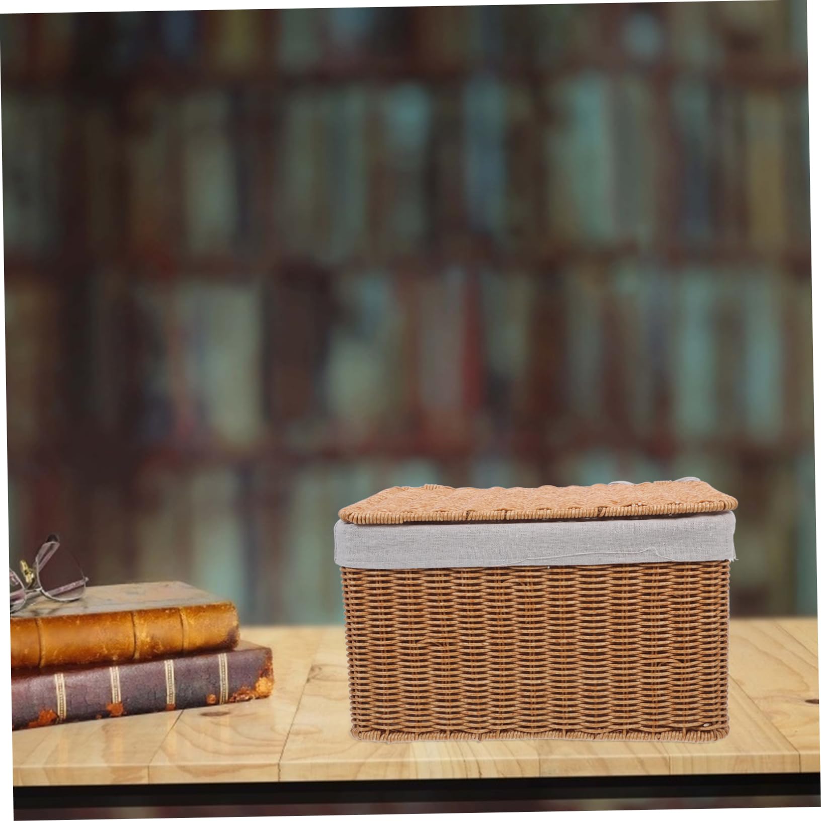 PRETYZOOM Cesta de Almacenamiento de Mimbre Rectangular con Tapa y Asas | Pp y Tela, Diseño Espacioso para Ordenar y Guardar, Formato Mediano 32x22x18cm, para Hogar y Armarios