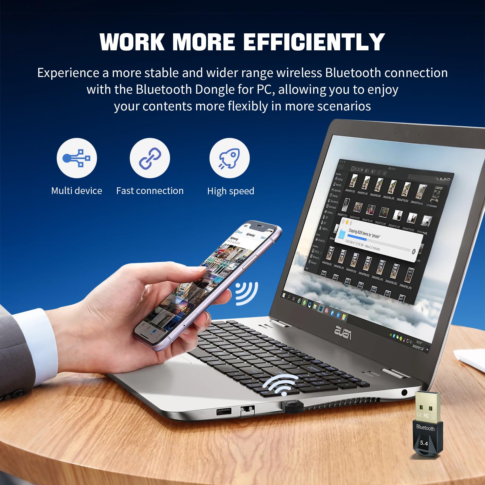 USB Bluetooth 5.4 Adapter, 1Pack Bluetooth Dongle Adapter for PC, Wireless Blootooth Receiver Stick for Desktop, Laptop, Headphone, Keyboard, Mouse, Controller, Support Windows 8.1/10/11,Plug and Play — view 4