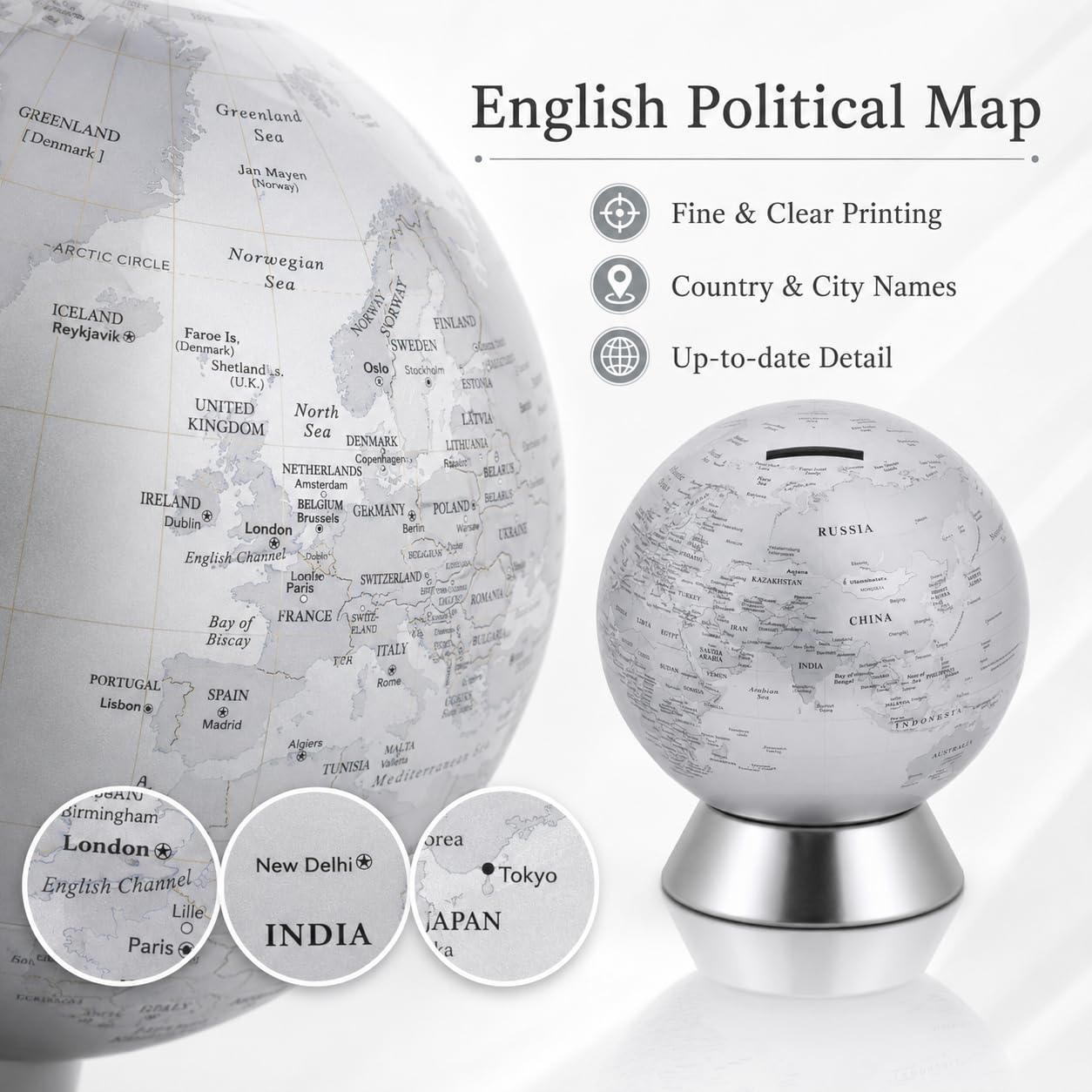 Exerz Salvadanaio Mappamondo/Globo terraqueo Diametro 16cm- mappa in inglese - dall'aspetto metallico contemporaneo - Argento