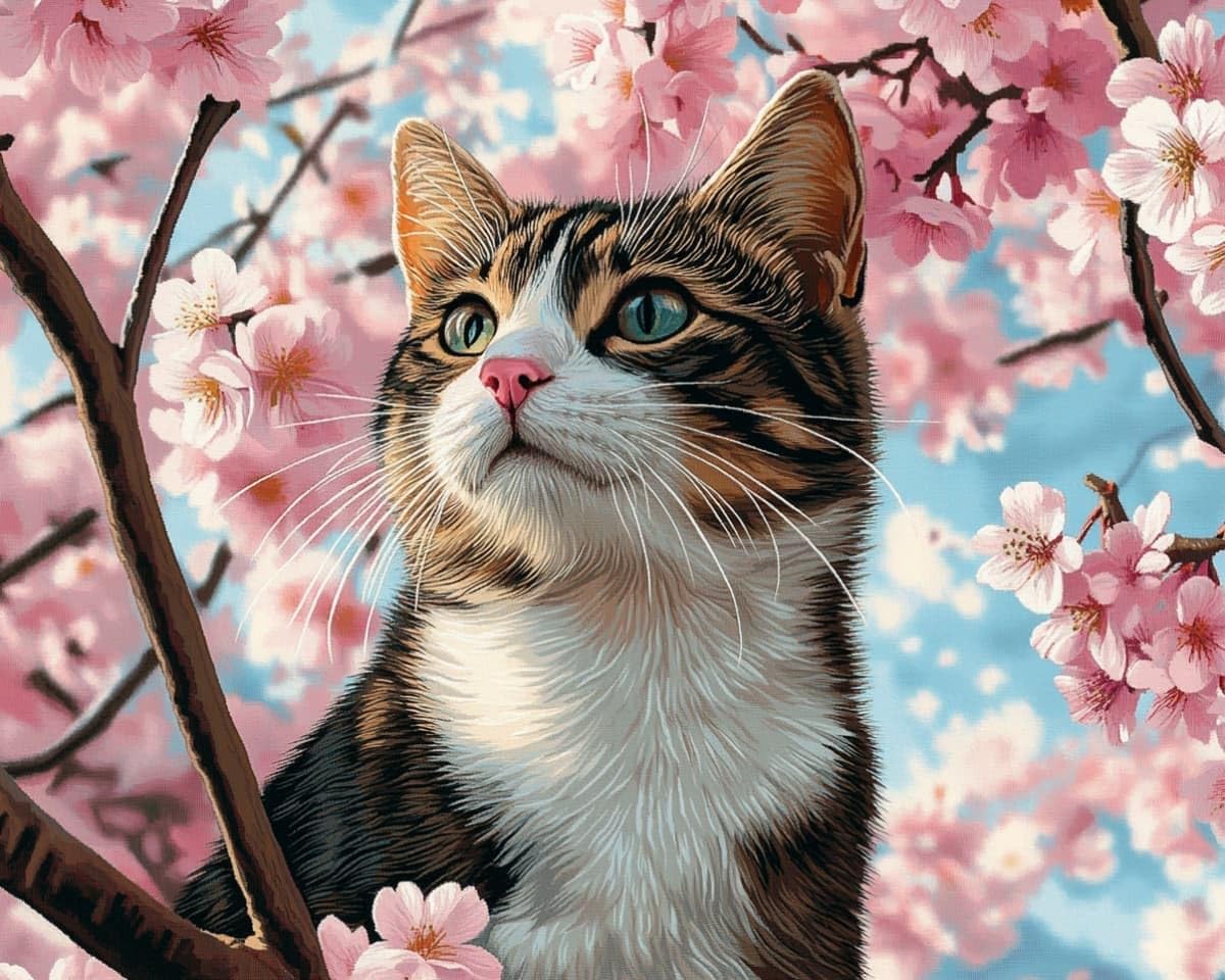 AxiangziK 12x16 Inch Cross Stitch Kit,Cat on the Cherry Blossom Tree 30x40cm Pre Printed Embroidery Kit for Adults,DIY Needlepoint Wall Art Home Decor