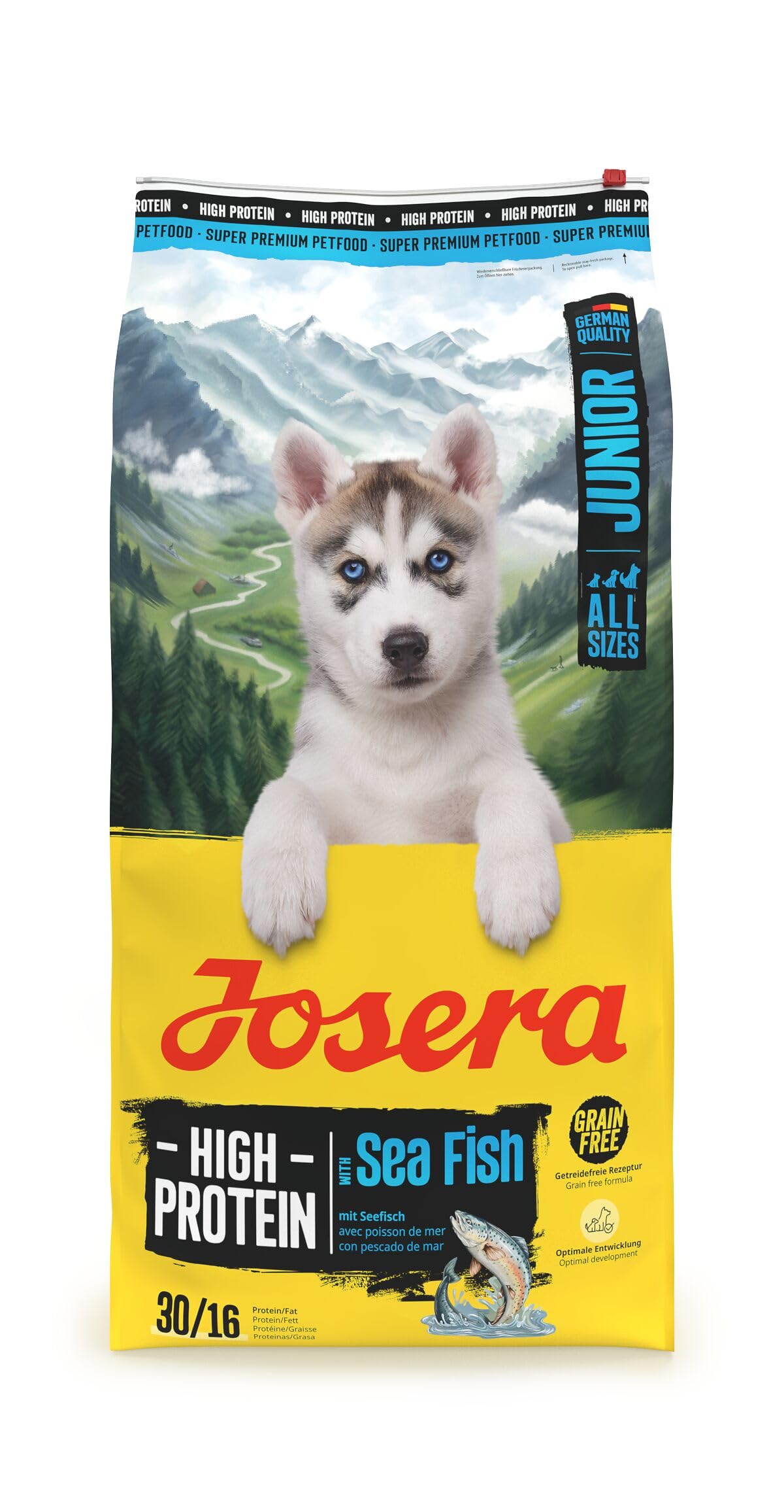 JOSERA High Protein Seefisch (1 x 12,5 kg) | Junior | Premium Trockenfutter mit Lachs & Süßkartoffel für aktive Hunde ab der 6. Woche| getreidefrei & proteinreich | L-Carnitin & Taurin | 1er Pack