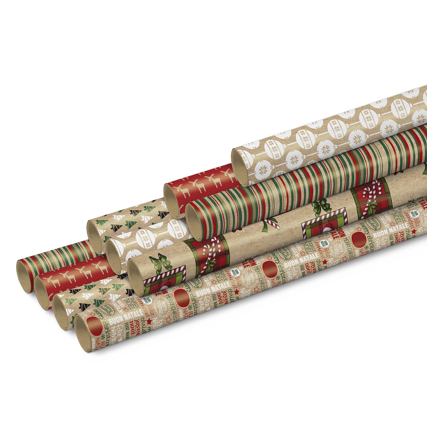 Clairefontaine 211421AMZC - Un Carton De 12 Rouleaux De Papier Cadeau - Papier Kraft Vergé 60g - Dimensions : 2x0,70m - Motif : Kraft, Noël, Boules, Sapins, Cerfs - Emballage Cadeau
