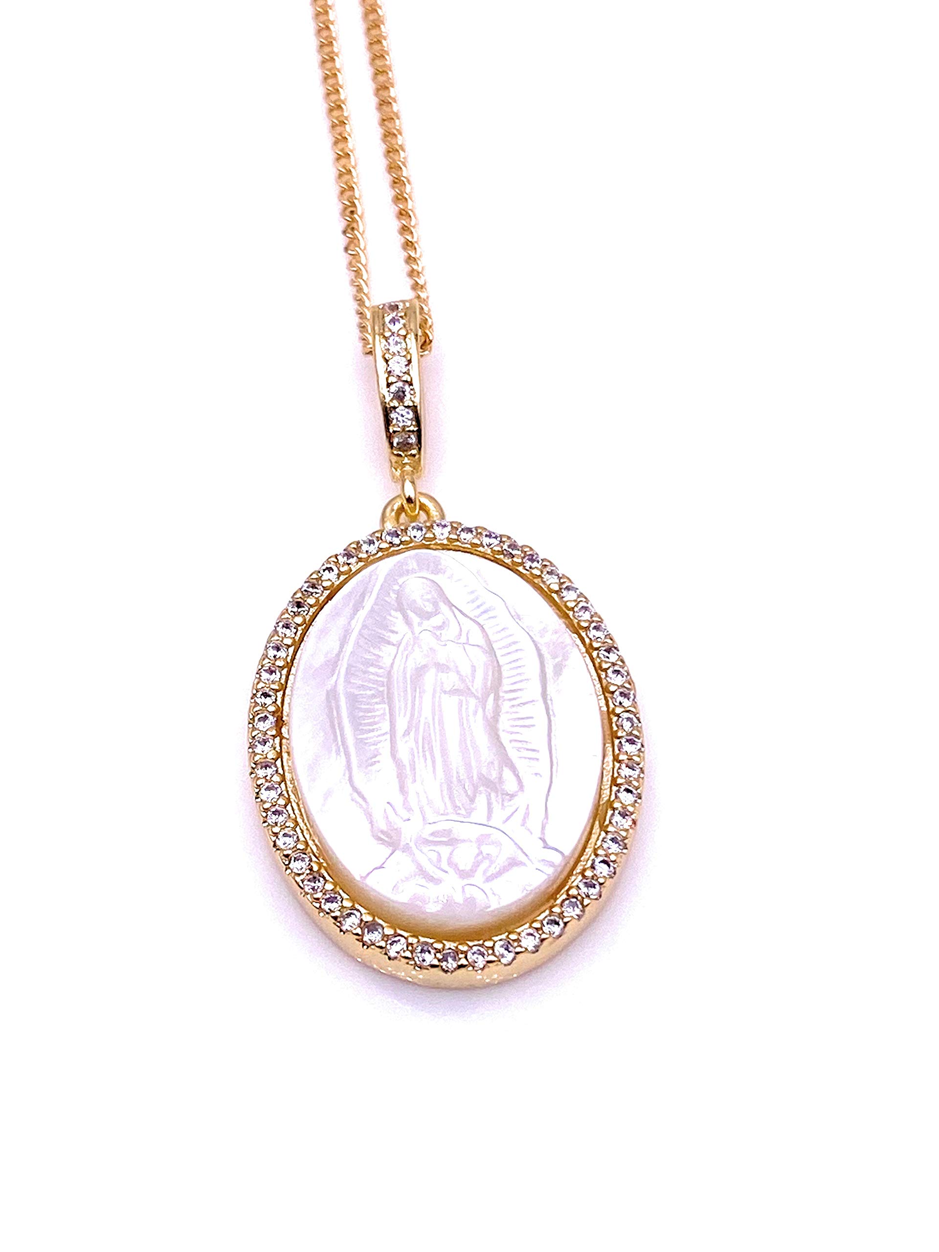 LESLIE BOULES 18K Gold Plated Guadalupe Medal Necklace 18 Inches Shell Pendant Virgin Mary Jewelry