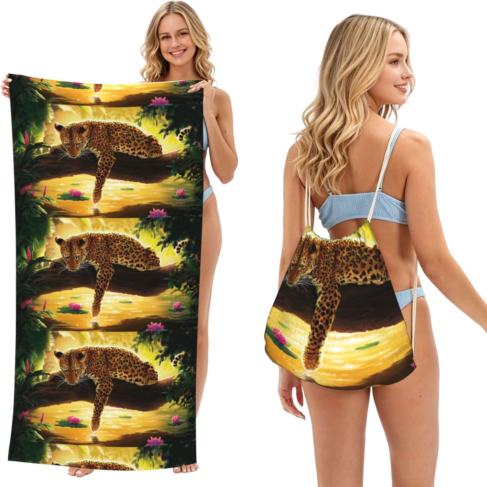 Poadnly Funny Leopard, 2 in 1 Packable Towel Bag, Beach Towels with Drawstring Backpack for Travel Holiday Camping