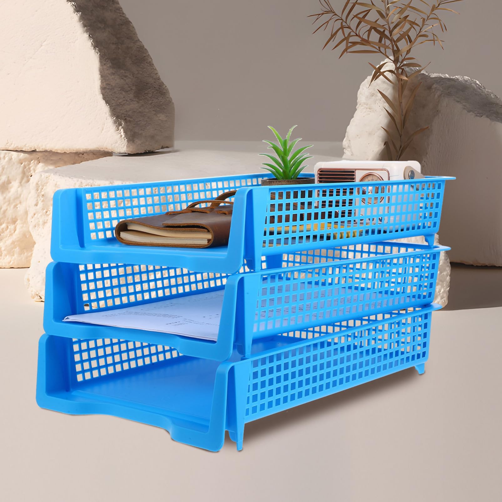 Set 3 Vassoi Impilabili Organizer per Documenti Versatile e Compatto per Scrivania in Plastica per Ufficio e Spazio di Lavoro Moderno