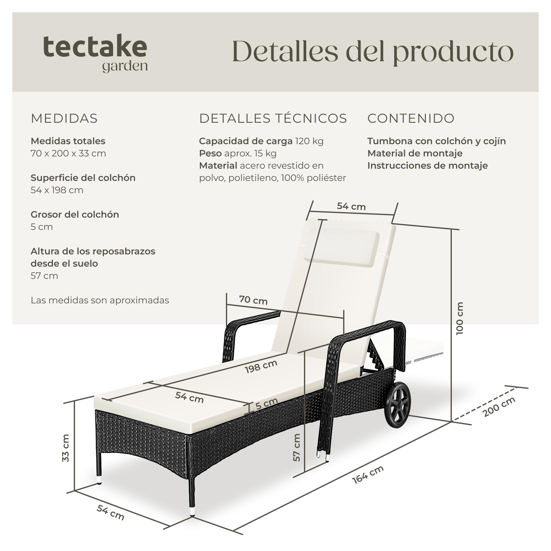 tectake®, Tumbona Chaise Longue, Ajustable de Poliratán con Ruedas, Mueble Exterior Sofa Acolchado para Jardín y Terraza, 6 Posiciones, Fácil de Limpiar, Moderno, Hamaca de Jardín - Negro/Beige